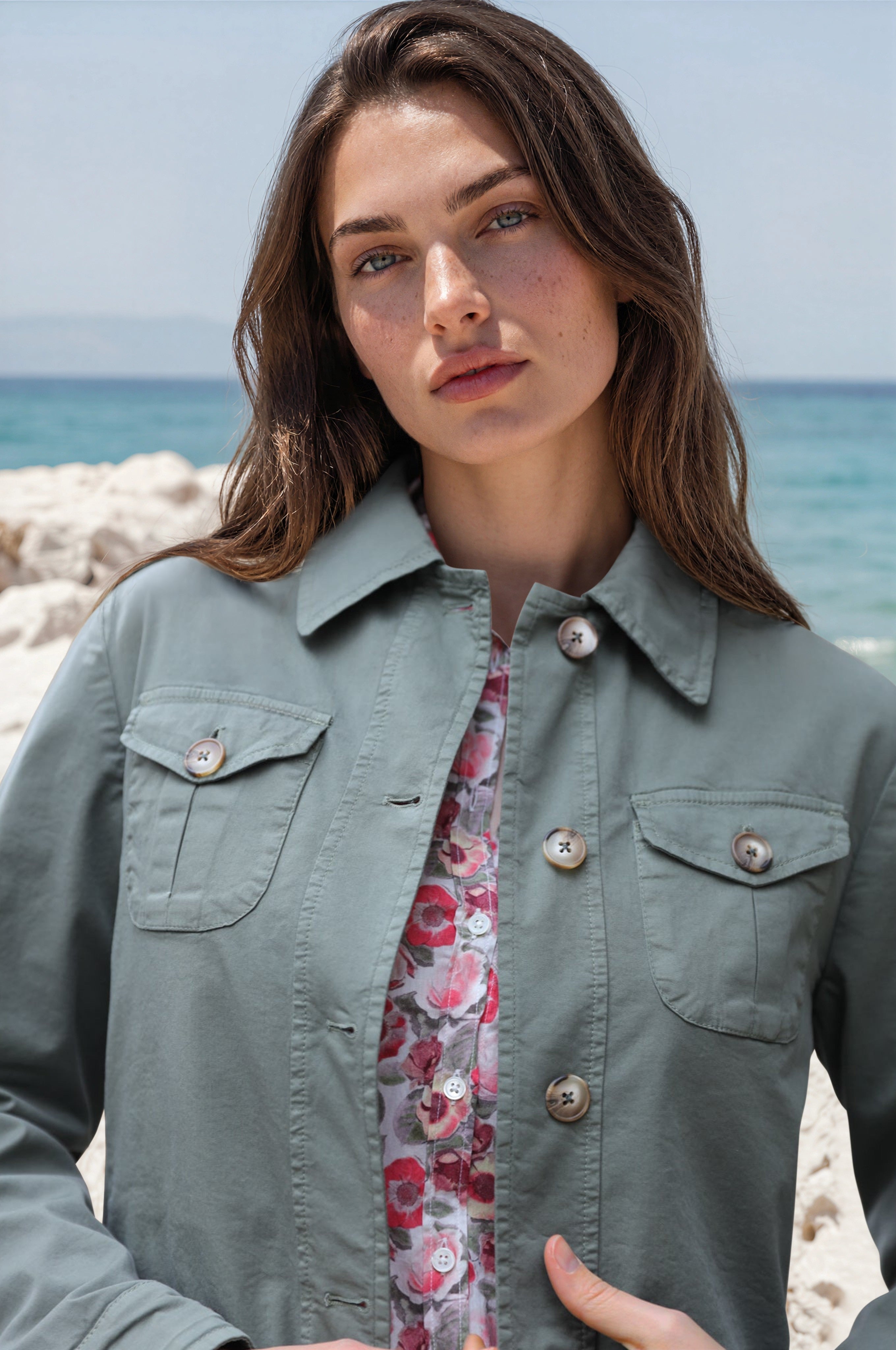 Veste Saharienne Louise en coton stretch - Kaki-VESTE BLAZER FEMME-Curling-Paris