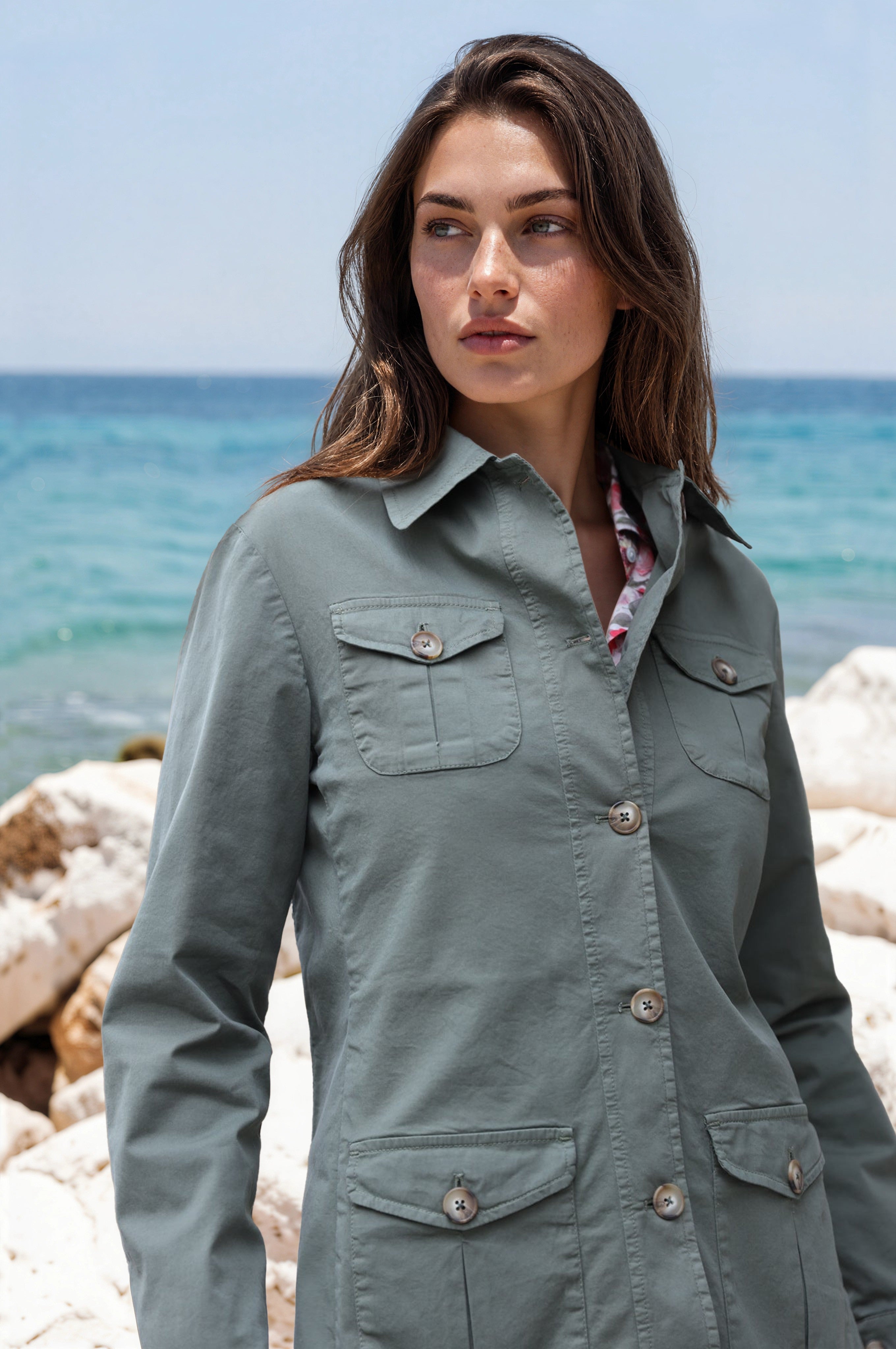 Veste Saharienne Louise en coton stretch - Kaki-VESTE BLAZER FEMME-Curling-Paris