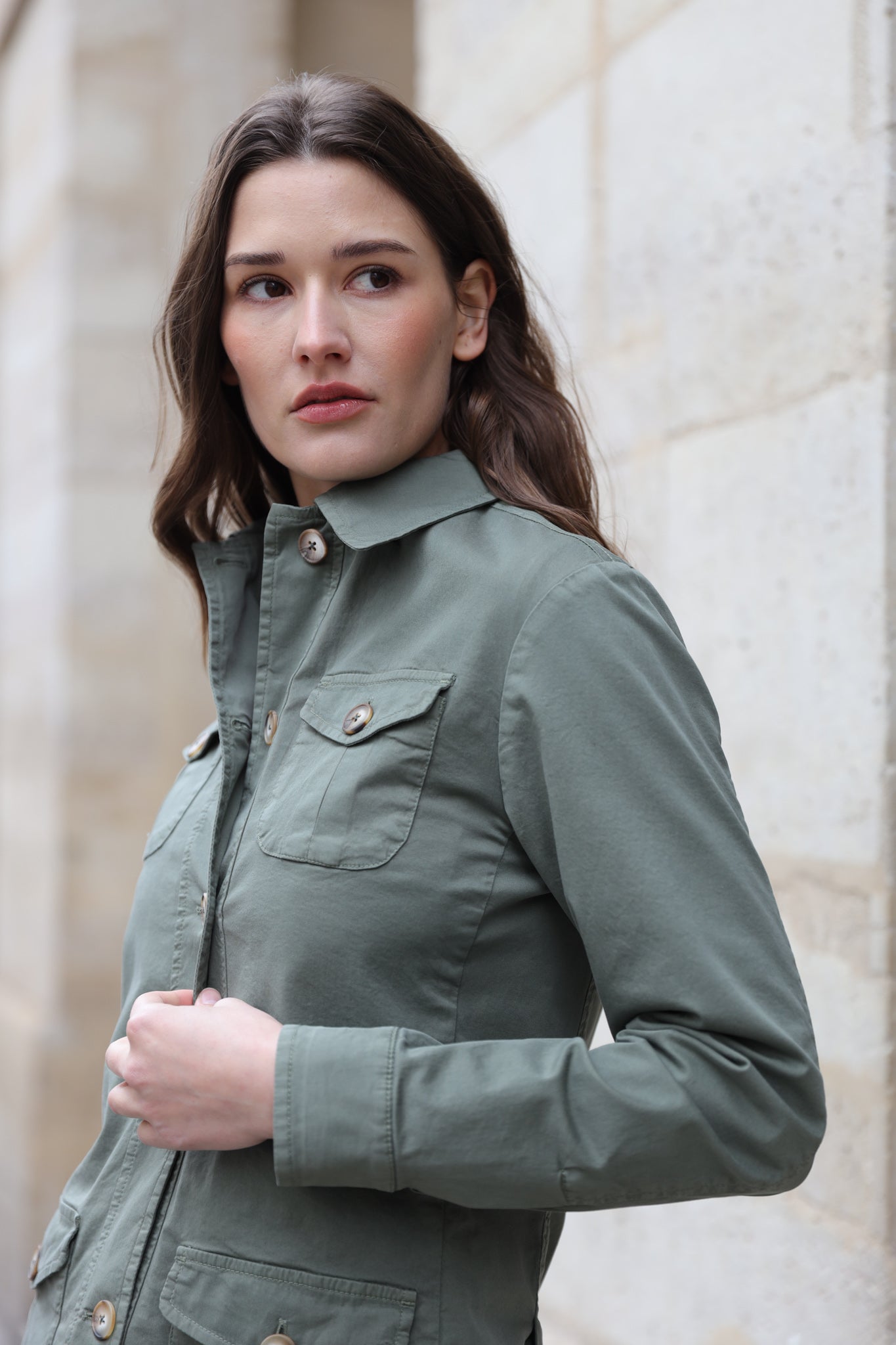 Veste Saharienne Louise en coton stretch - Kaki-VESTE BLAZER FEMME-Curling-Paris