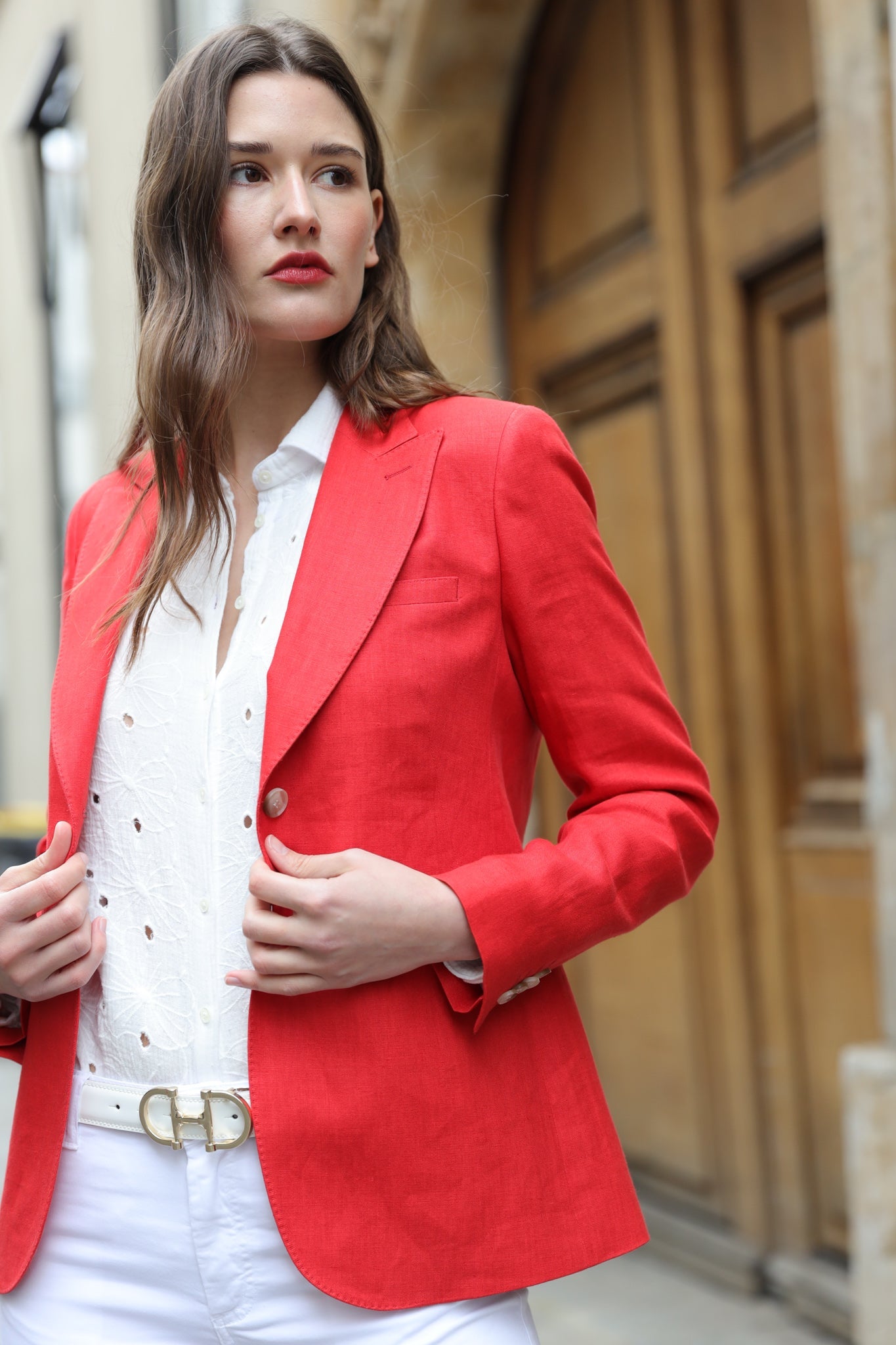 Veste Solange en lin - Rouge-VESTE BLAZER FEMME-Curling-Paris