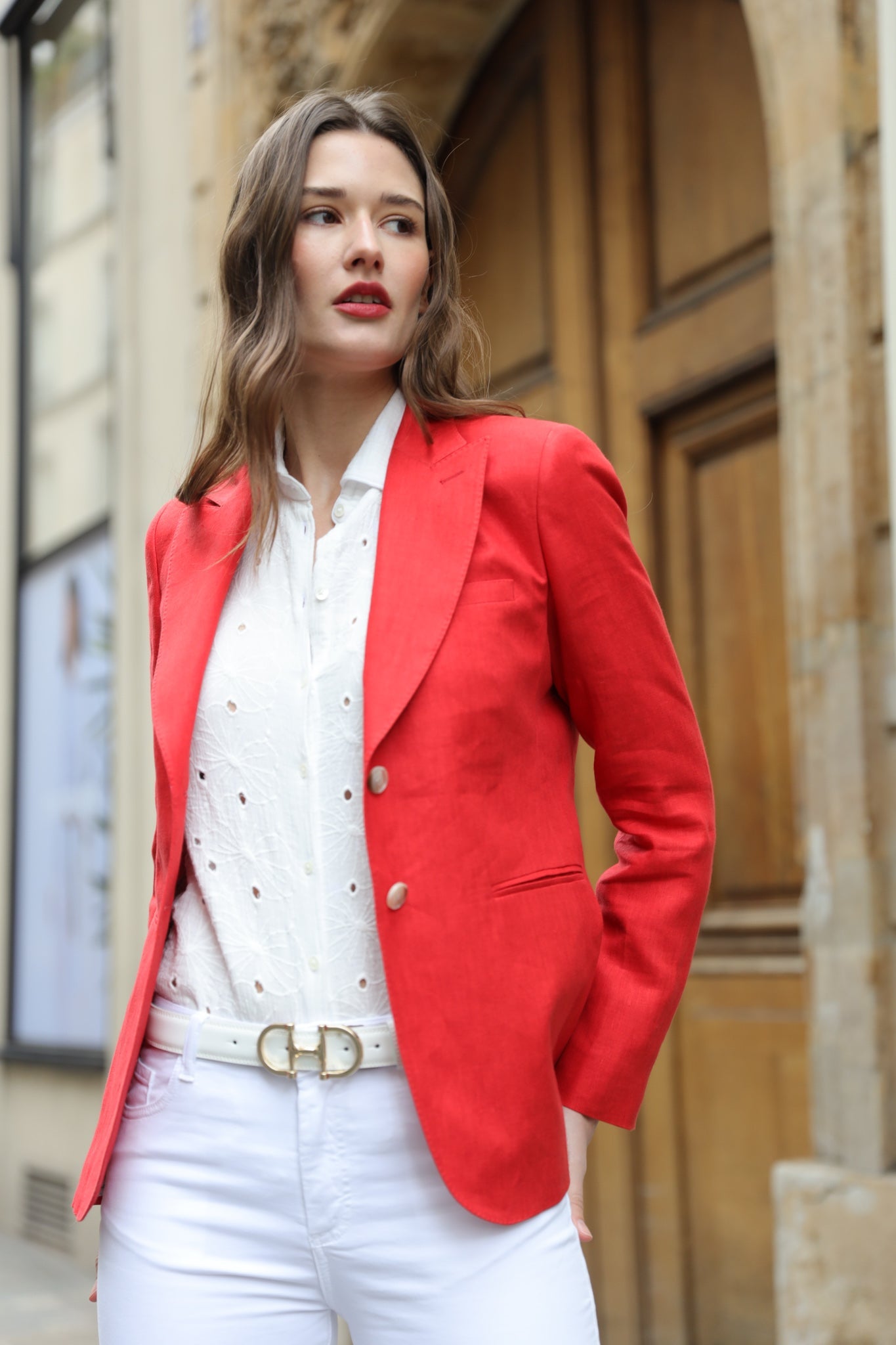 Veste Solange en lin - Rouge-VESTE BLAZER FEMME-Curling-Paris