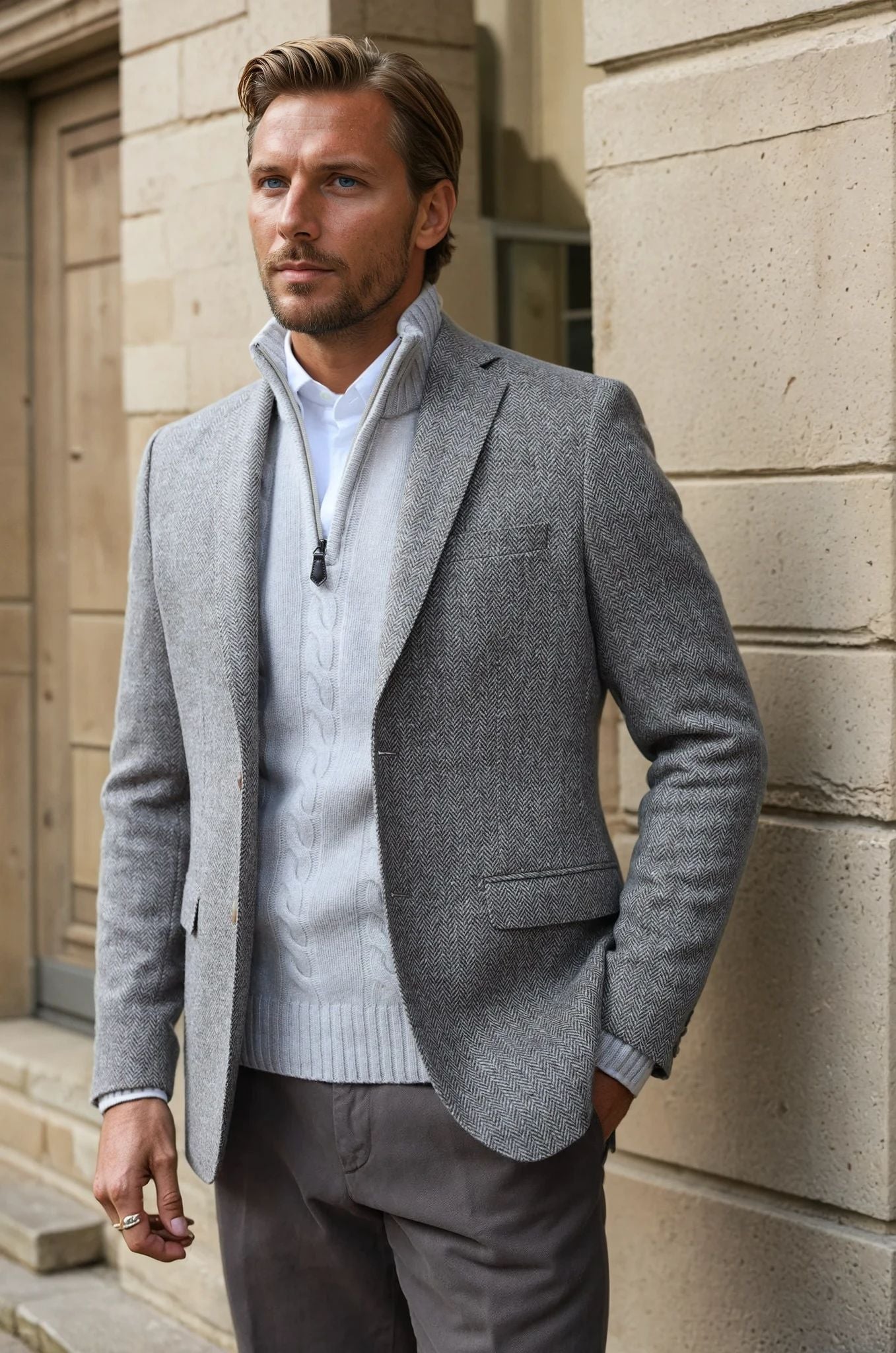 Veste Steven pure laine - Chevron Beige-VESTE BLAZER HOMME-Curling-Paris