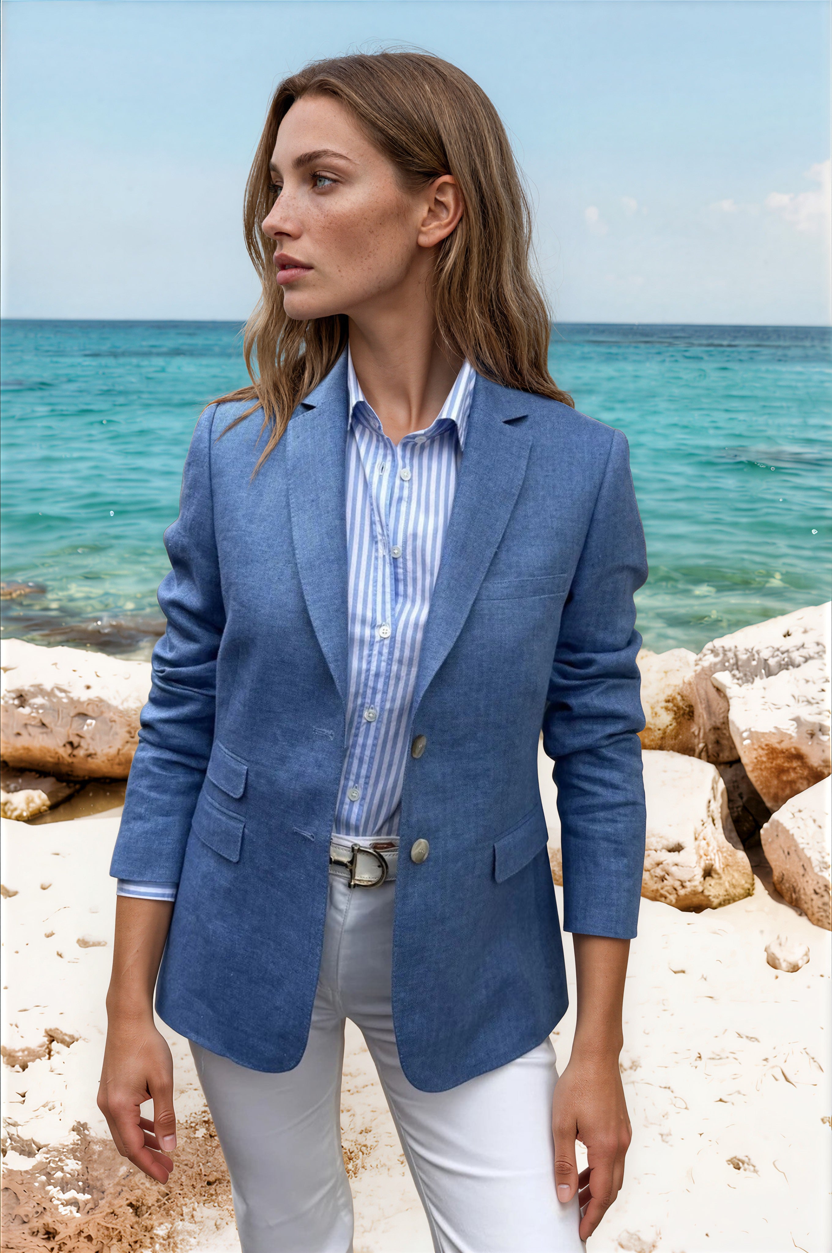 Veste Vesnove 100% lin - Chevron bleu-VESTE BLAZER FEMME-Curling-Paris