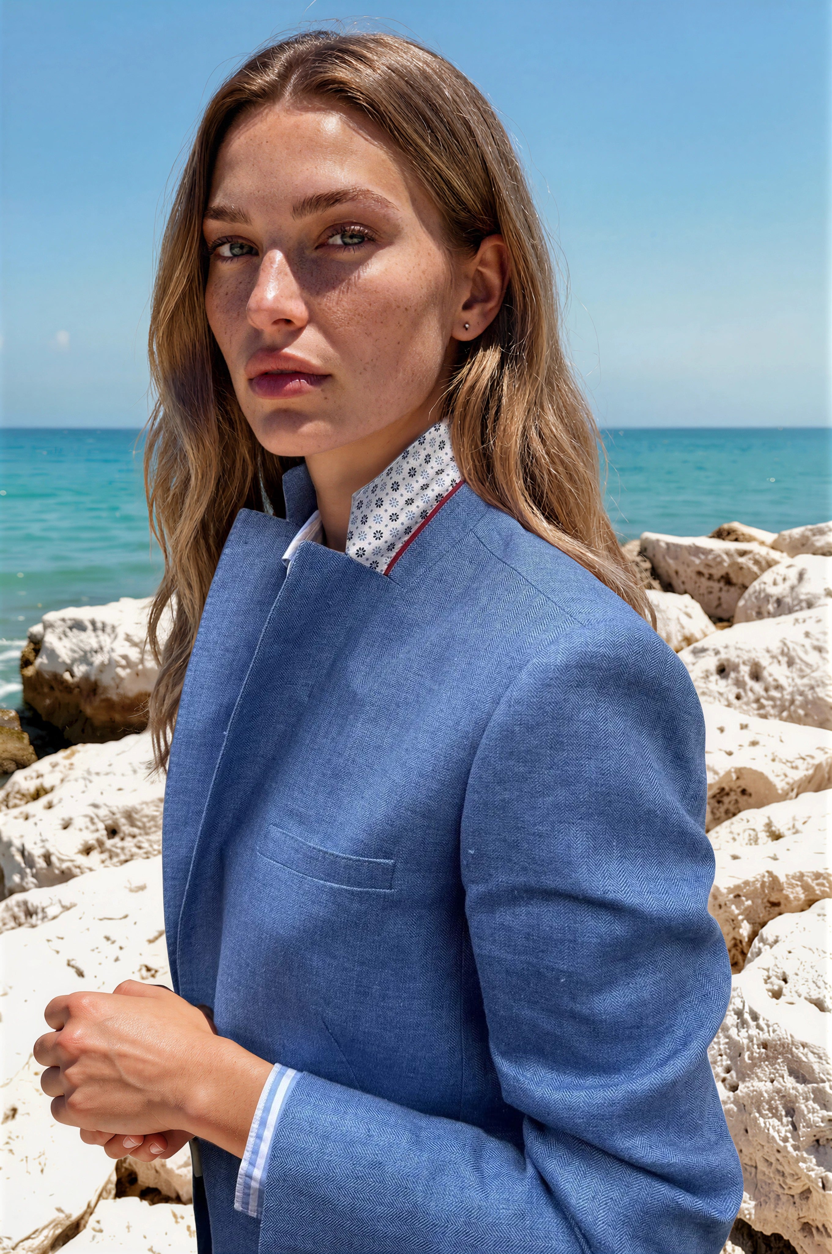 Veste Vesnove 100% lin - Chevron bleu-VESTE BLAZER FEMME-Curling-Paris
