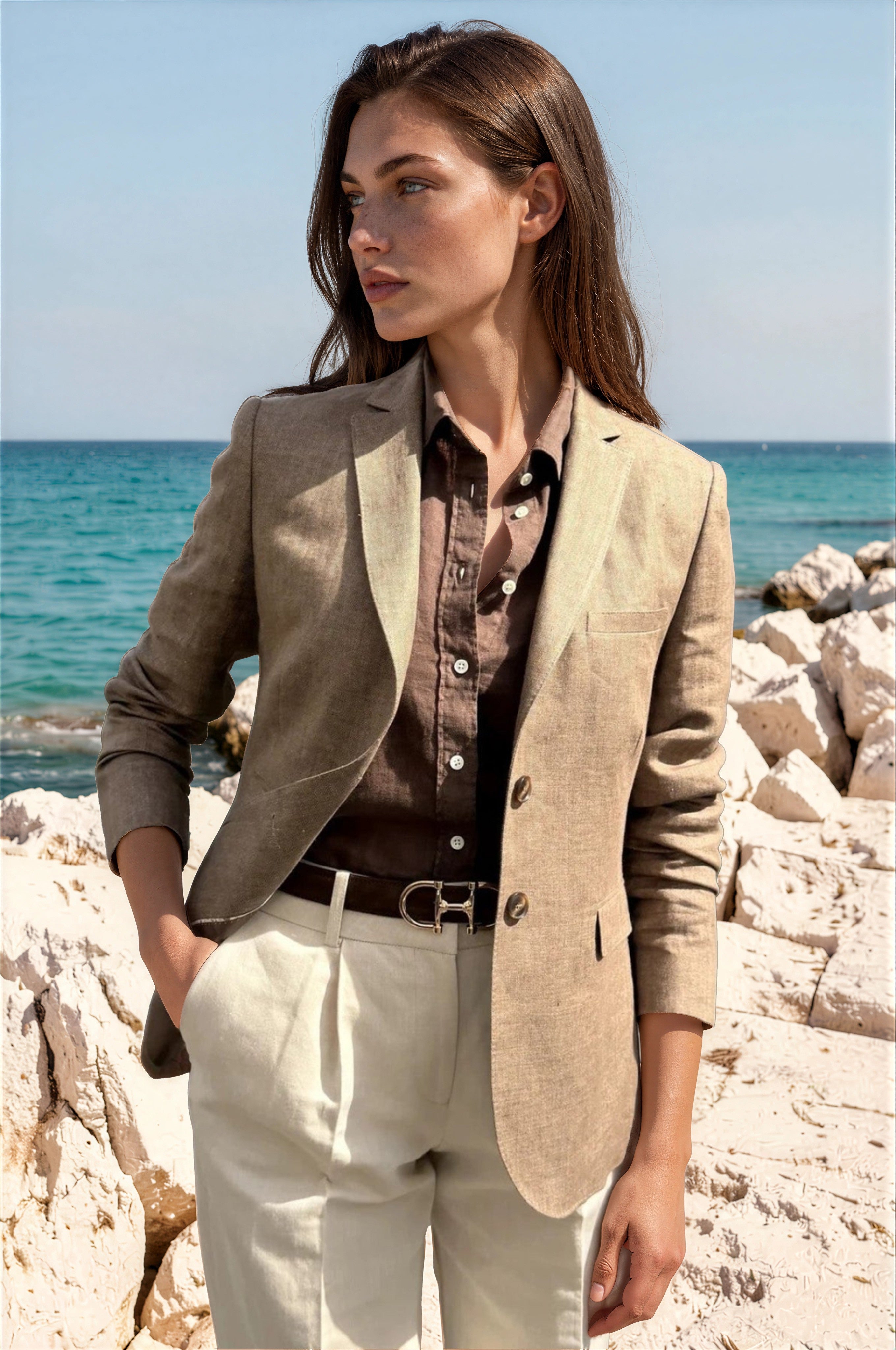Veste Vesnove 100% lin - Chevron marron-VESTE BLAZER FEMME-Curling-Paris