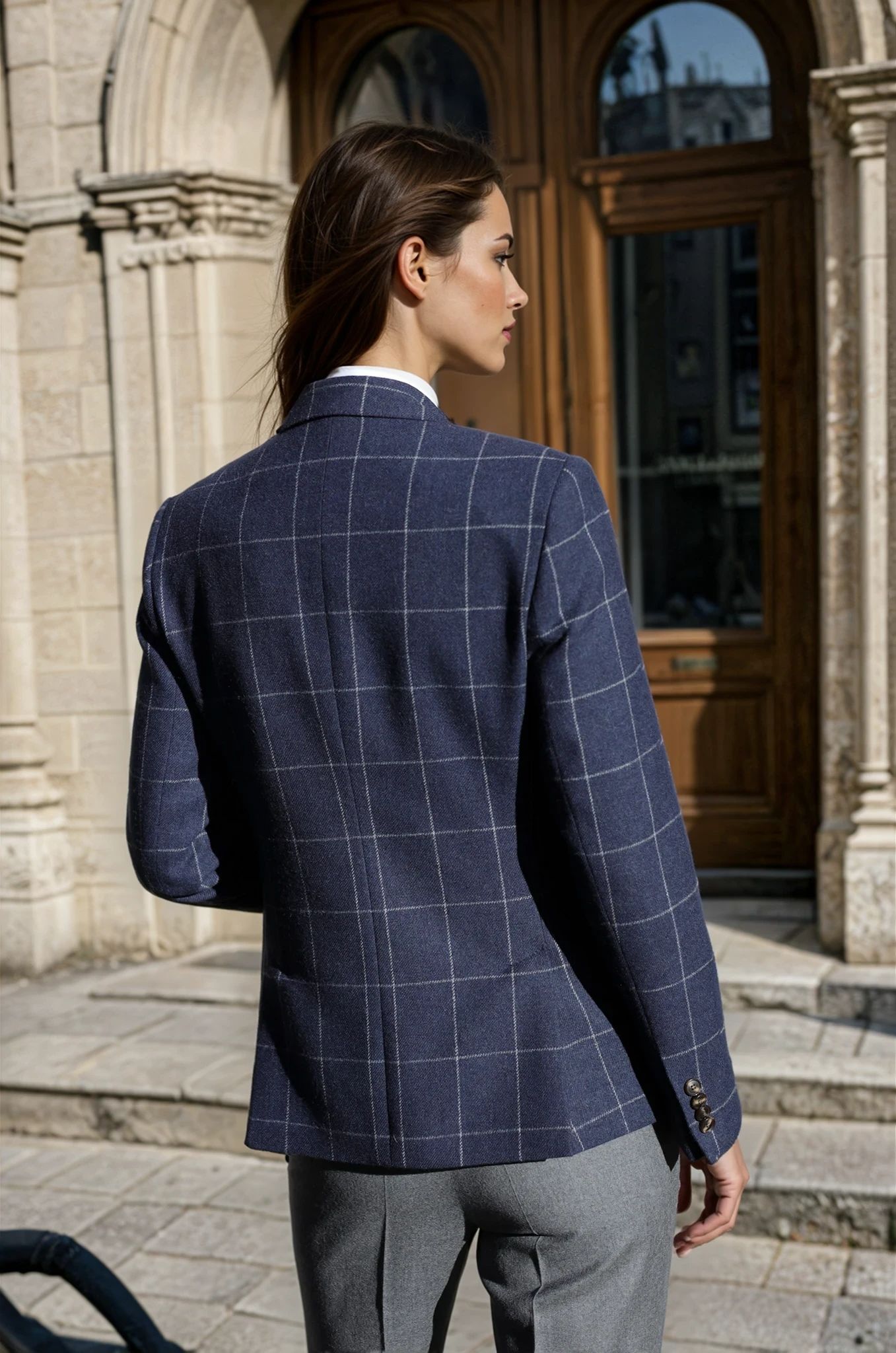 Veste Vesnove en laine à carreaux fenêtre - Marine-VESTE BLAZER FEMME-Curling-Paris