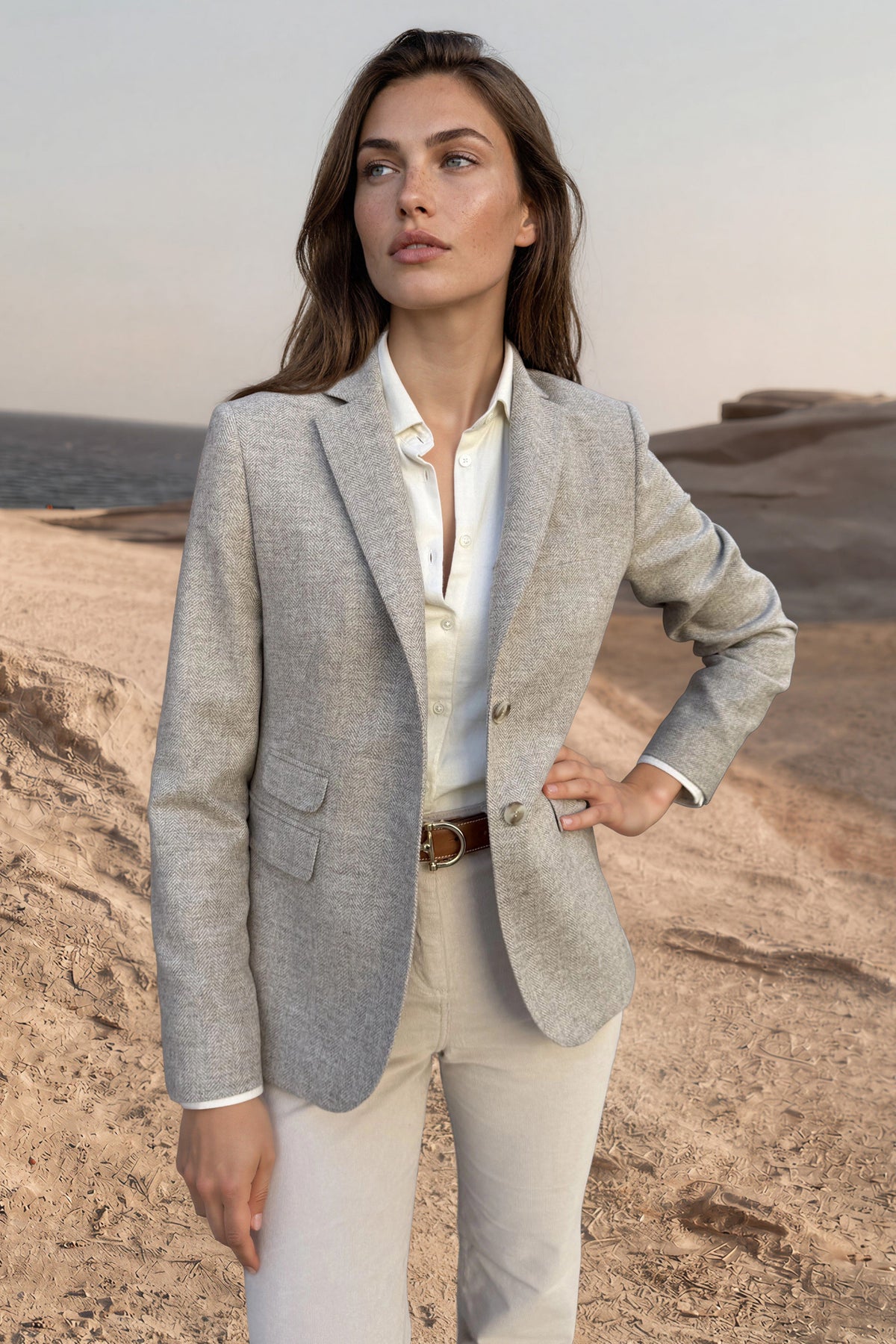 Veste Vesnove en laine et cachemire chevron - Beige-VESTE BLAZER FEMME-Curling-Paris