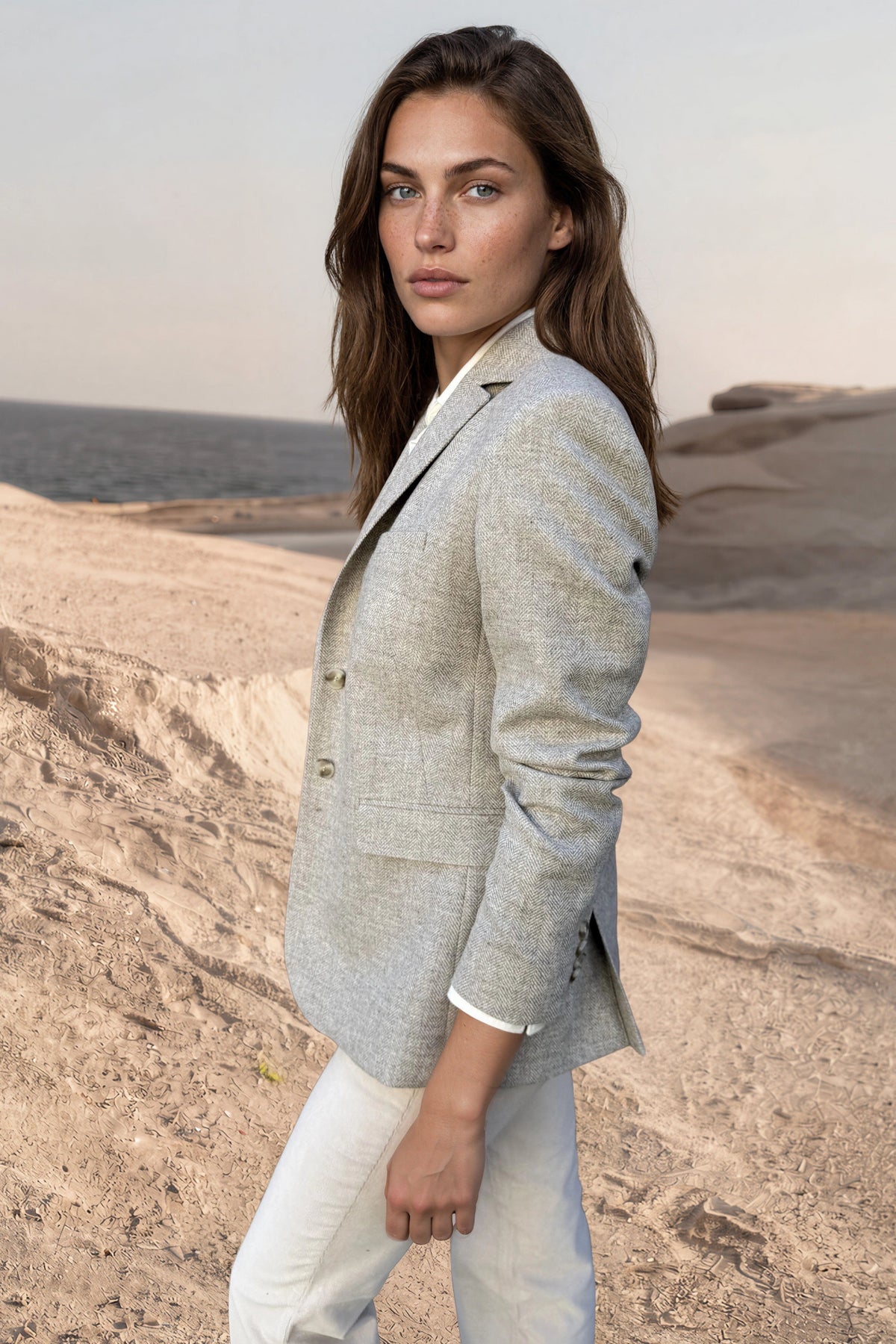 Veste Vesnove en laine et cachemire chevron - Beige-VESTE BLAZER FEMME-Curling-Paris