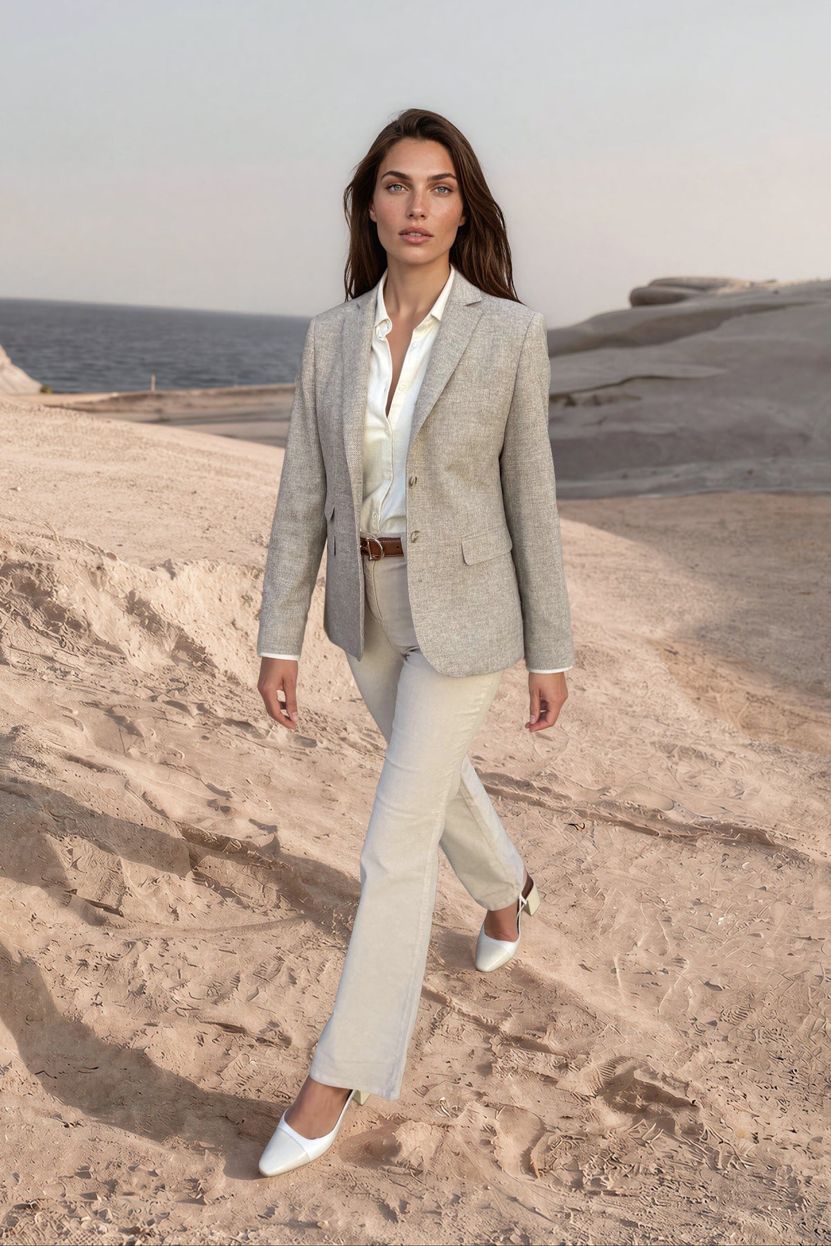 Veste Vesnove en laine et cachemire chevron - Beige-VESTE BLAZER FEMME-Curling-Paris