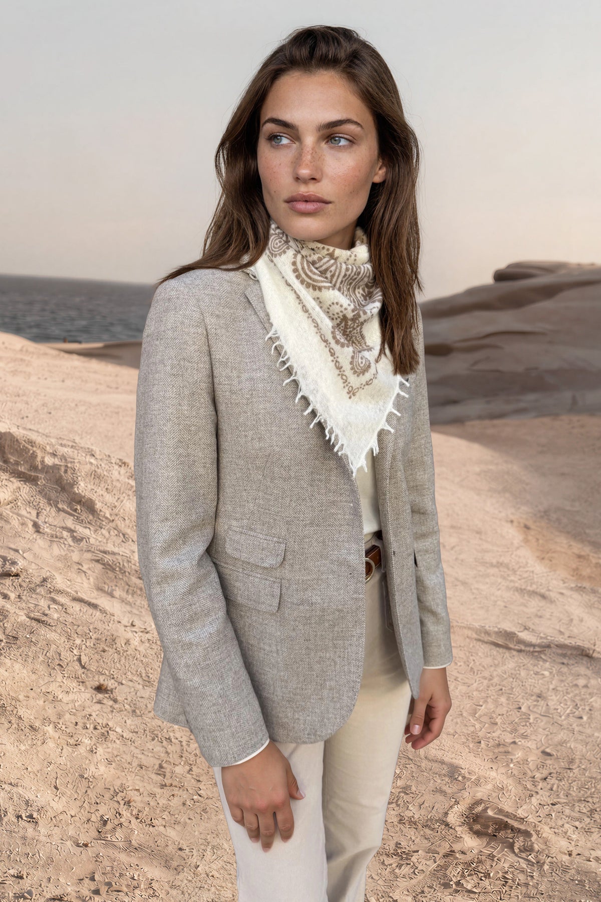 Veste Vesnove en laine et cachemire chevron - Beige-VESTE BLAZER FEMME-Curling-Paris