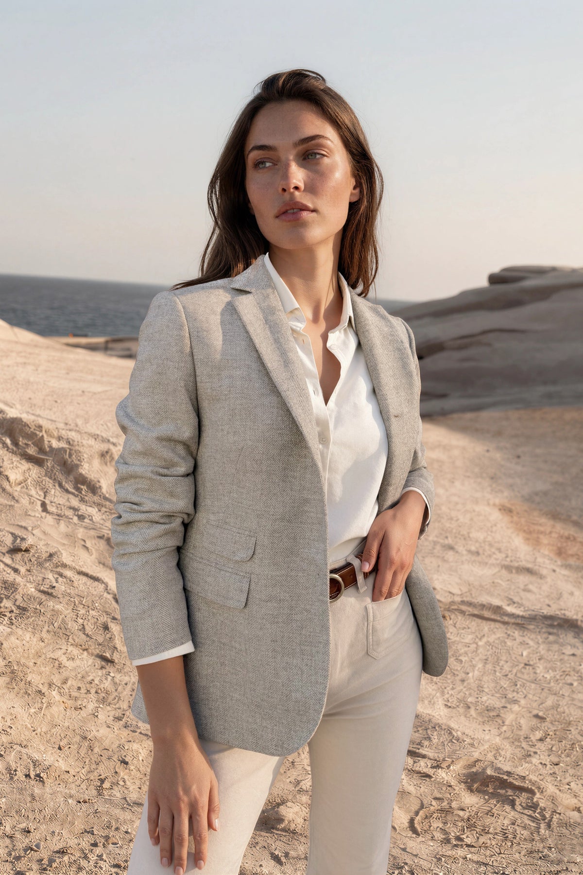Veste Vesnove en laine et cachemire chevron - Beige-VESTE BLAZER FEMME-Curling-Paris