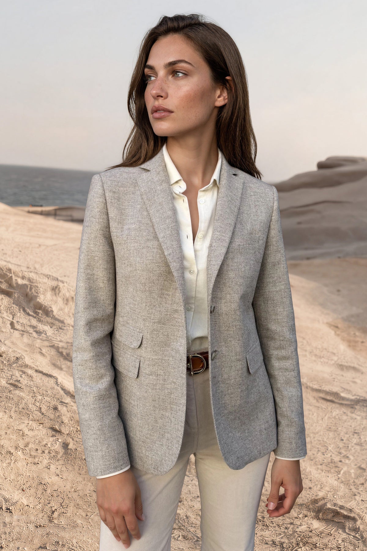 Veste Vesnove en laine et cachemire chevron - Beige-VESTE BLAZER FEMME-Curling-Paris
