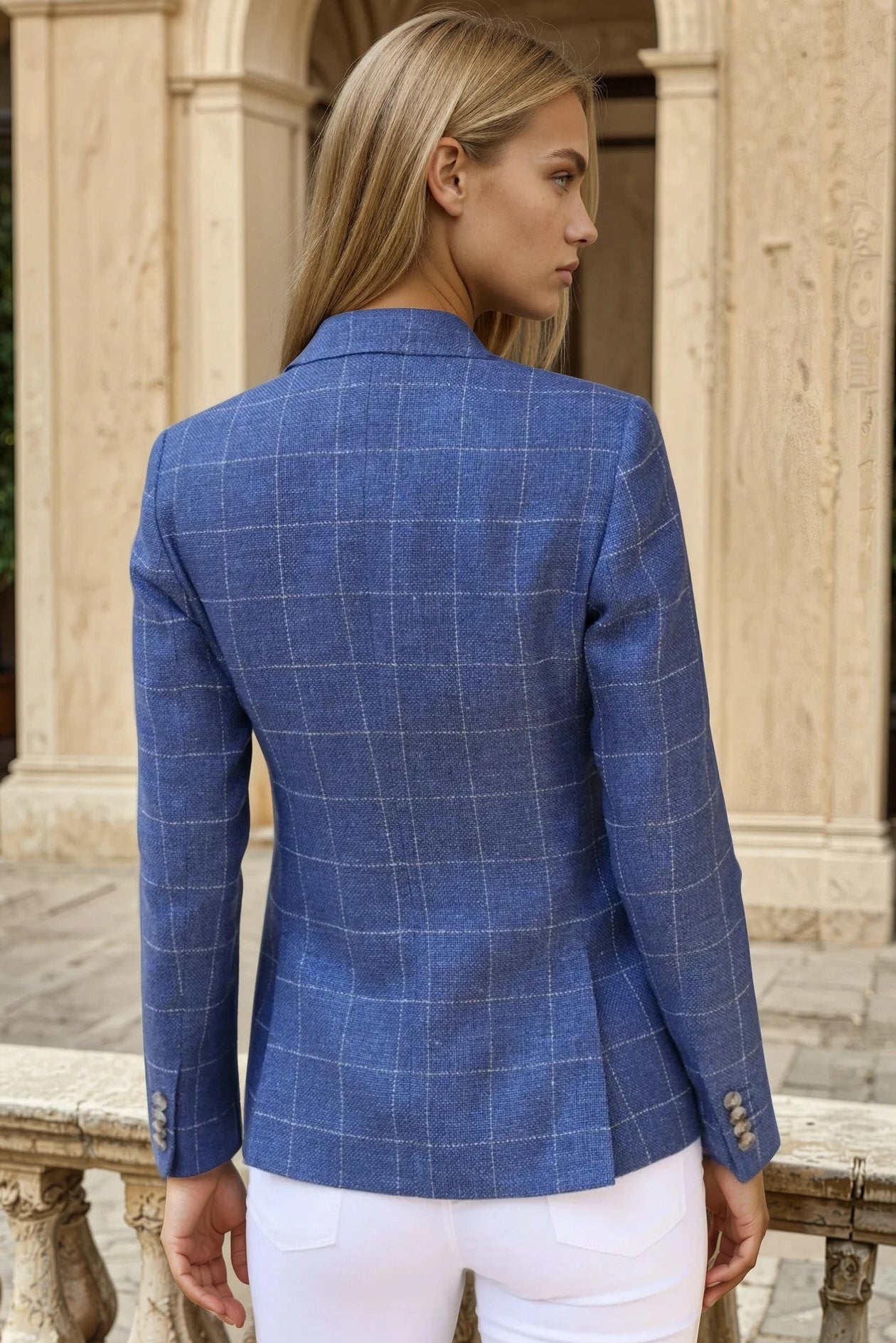 Veste Vesnove en laine et lin - Carreaux bleu azur-VESTE BLAZER FEMME-Curling-Paris