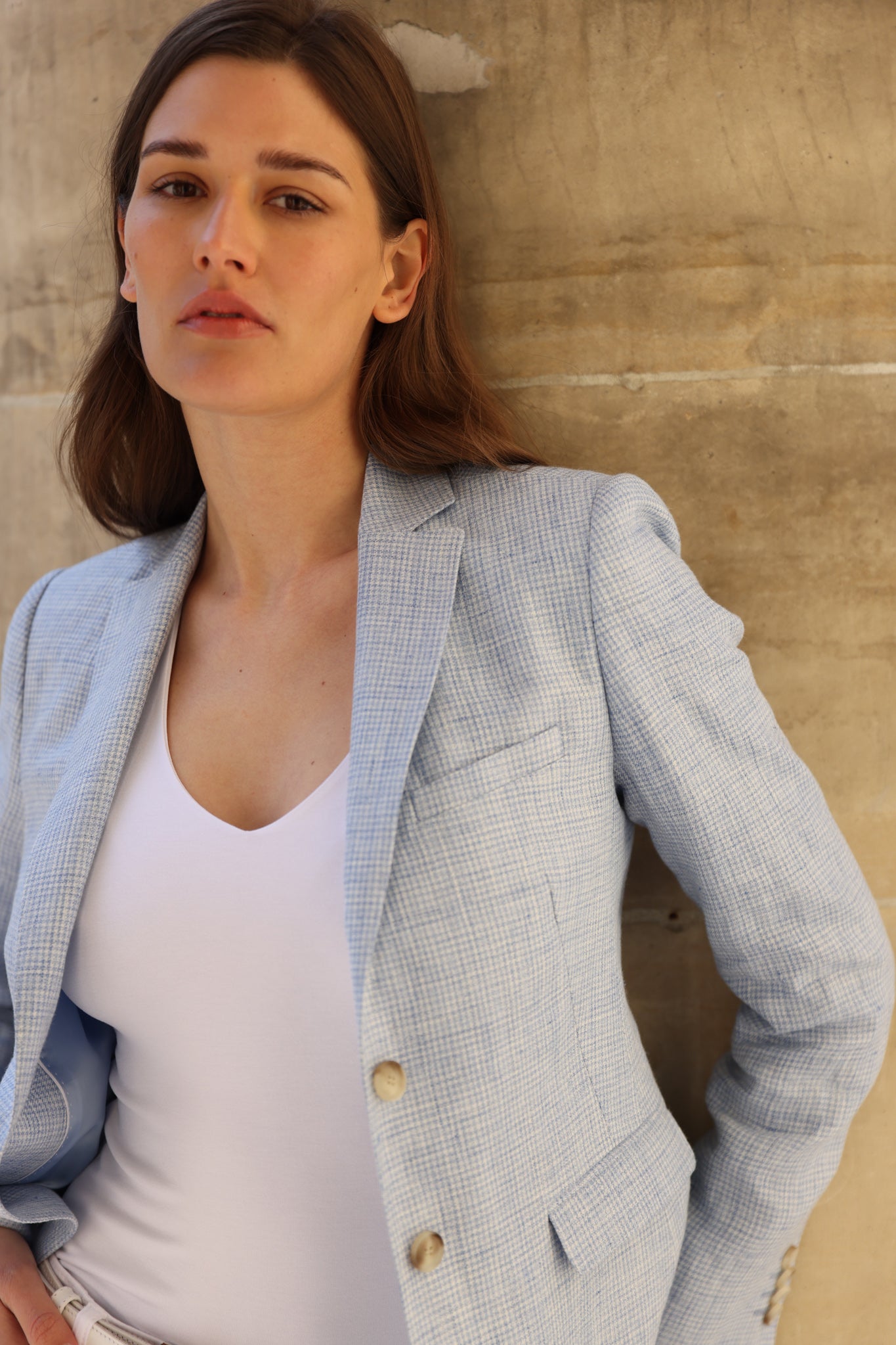 Veste Vesnove en lin - Pied-de-poule bleu ciel-VESTE BLAZER FEMME-Curling-Paris
