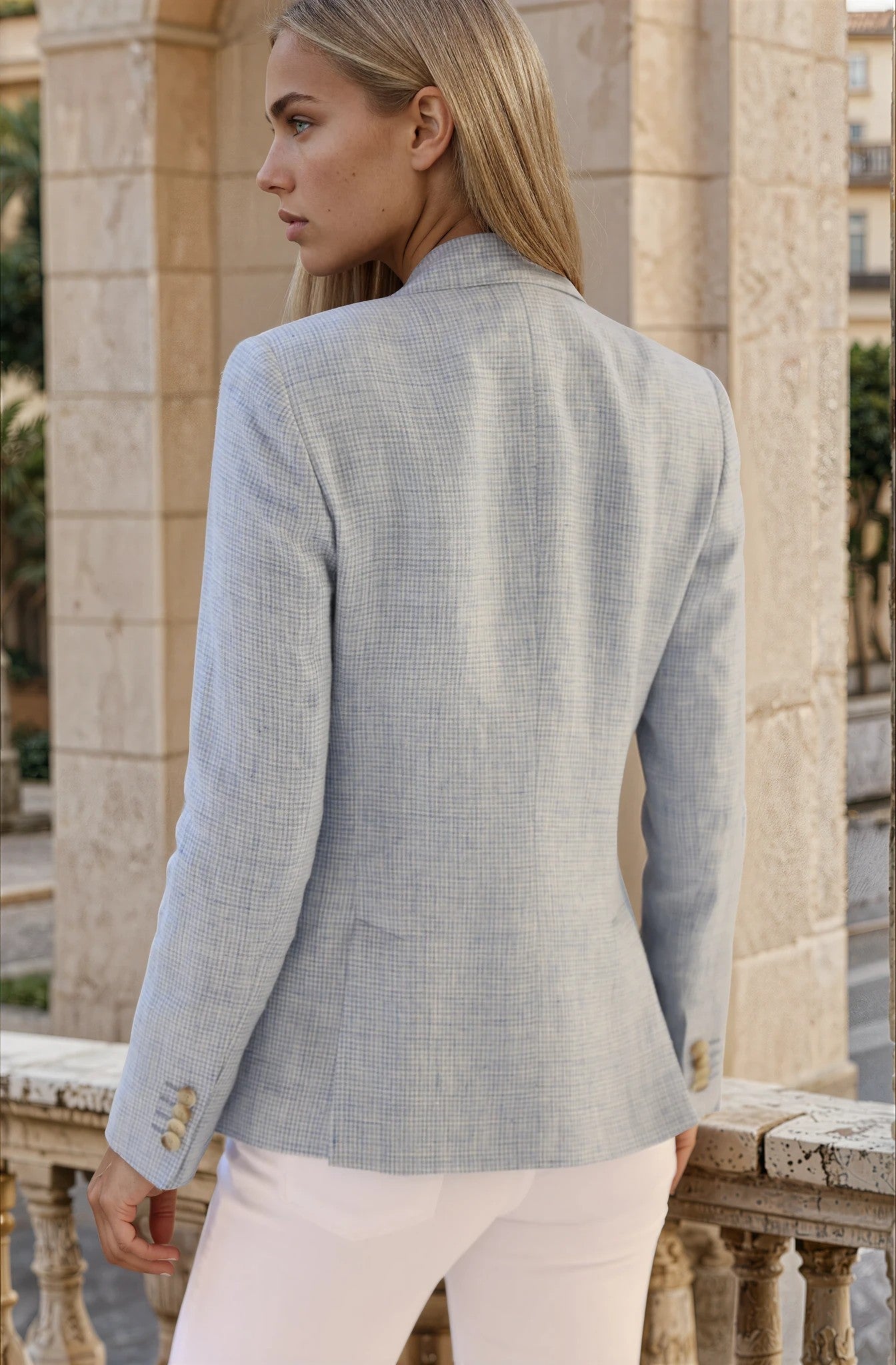 Veste Vesnove en lin - Pied-de-poule bleu ciel-VESTE BLAZER FEMME-Curling-Paris