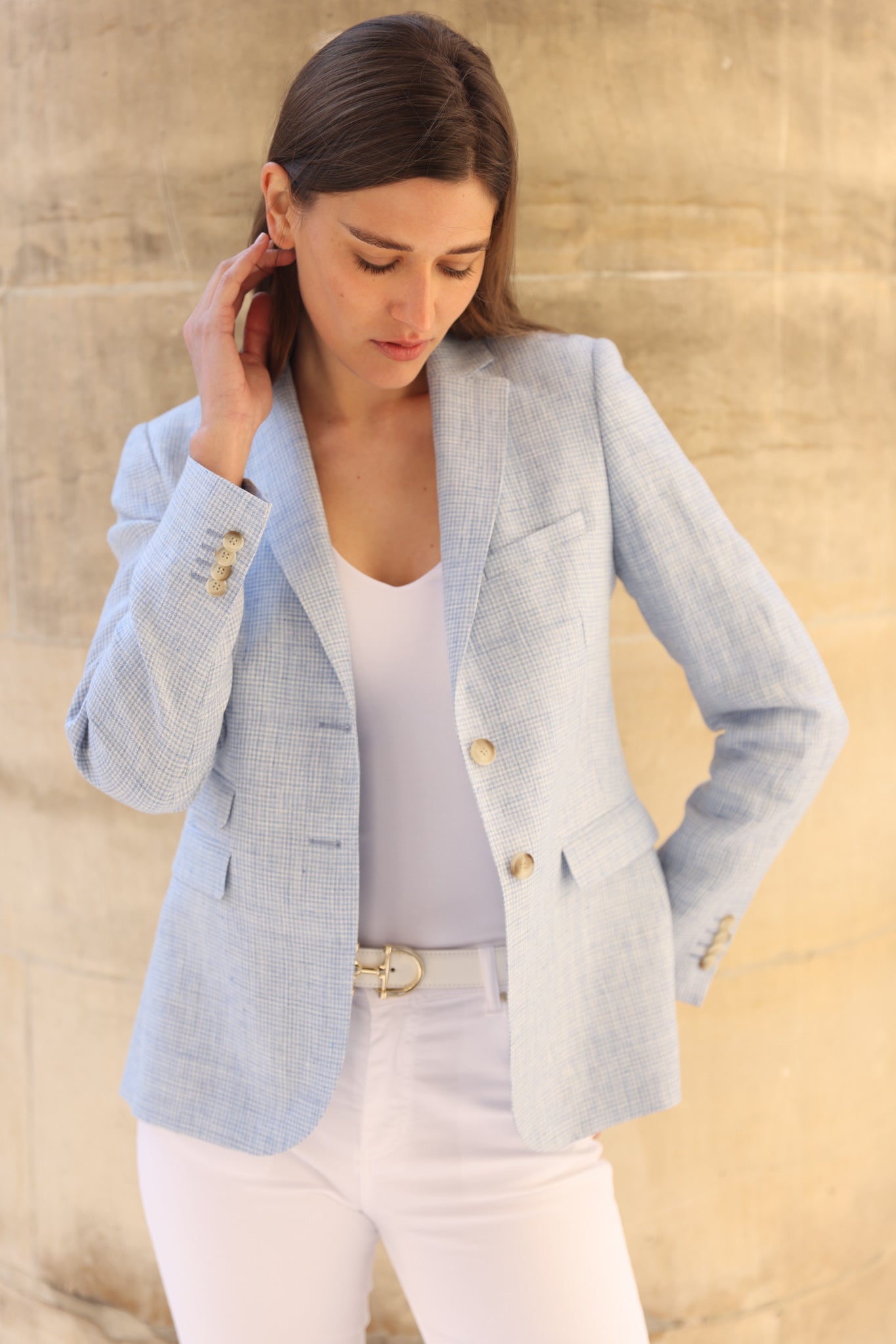 Veste Vesnove en lin - Pied-de-poule bleu ciel-VESTE BLAZER FEMME-Curling-Paris