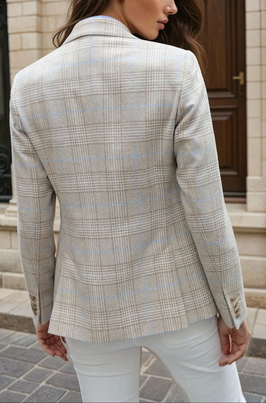 Veste Vesnove pure laine - Prince de galles beige, écru & ciel-VESTE BLAZER FEMME-Curling-Paris