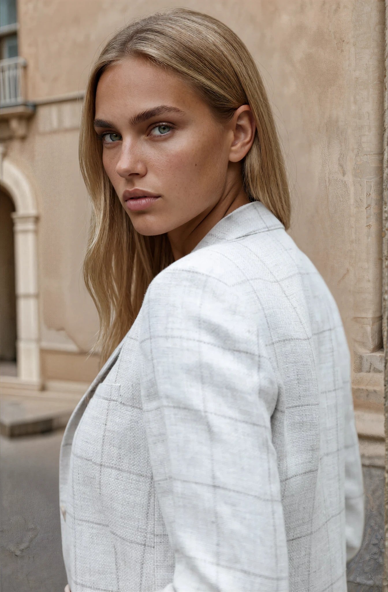 Veste Victoire à carreaux en lin - Beige-VESTE BLAZER FEMME-Curling-Paris