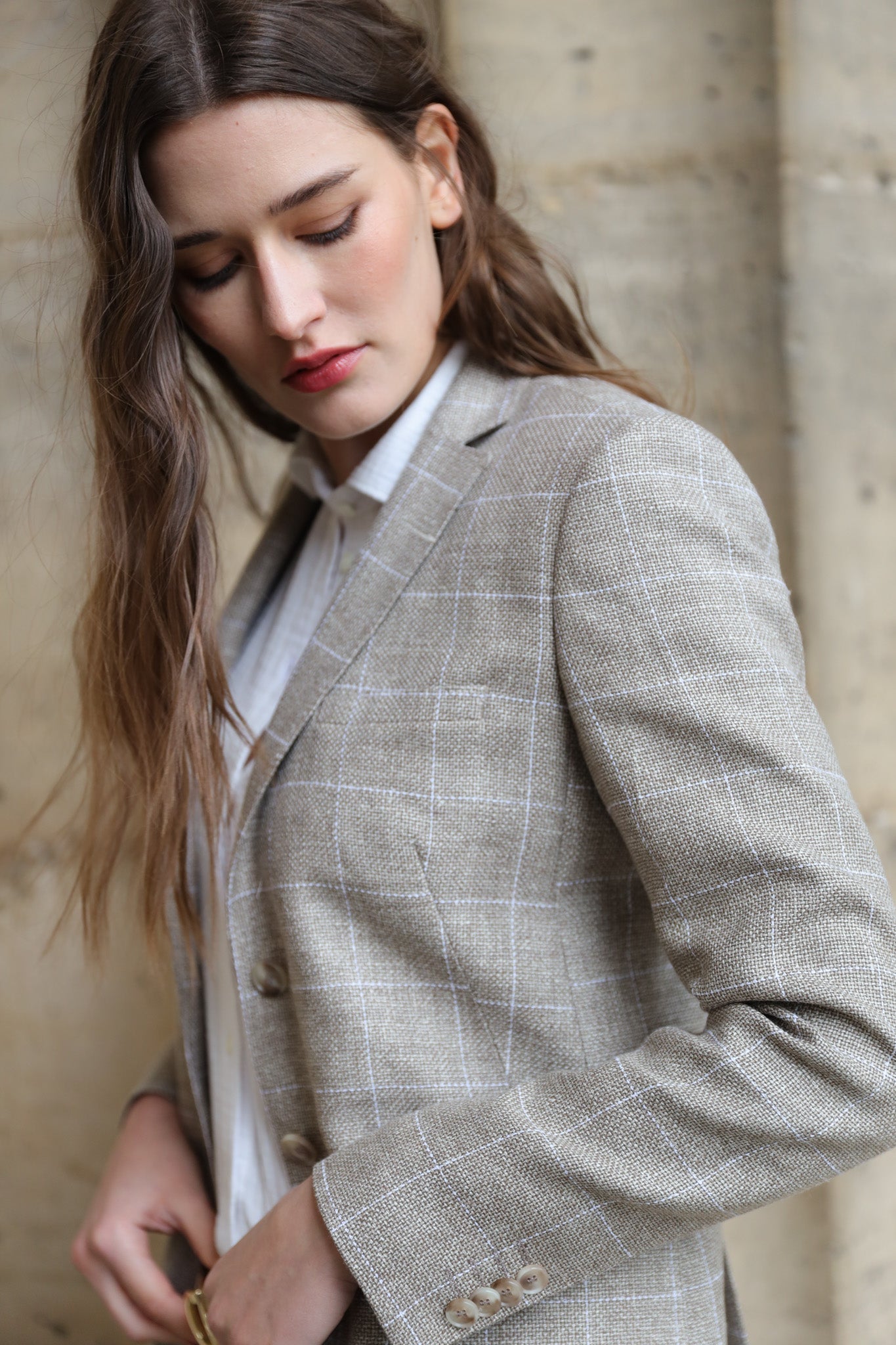 Veste Victoire en Laine & Lin - Carreaux Beige-VESTE BLAZER FEMME-Curling-Paris