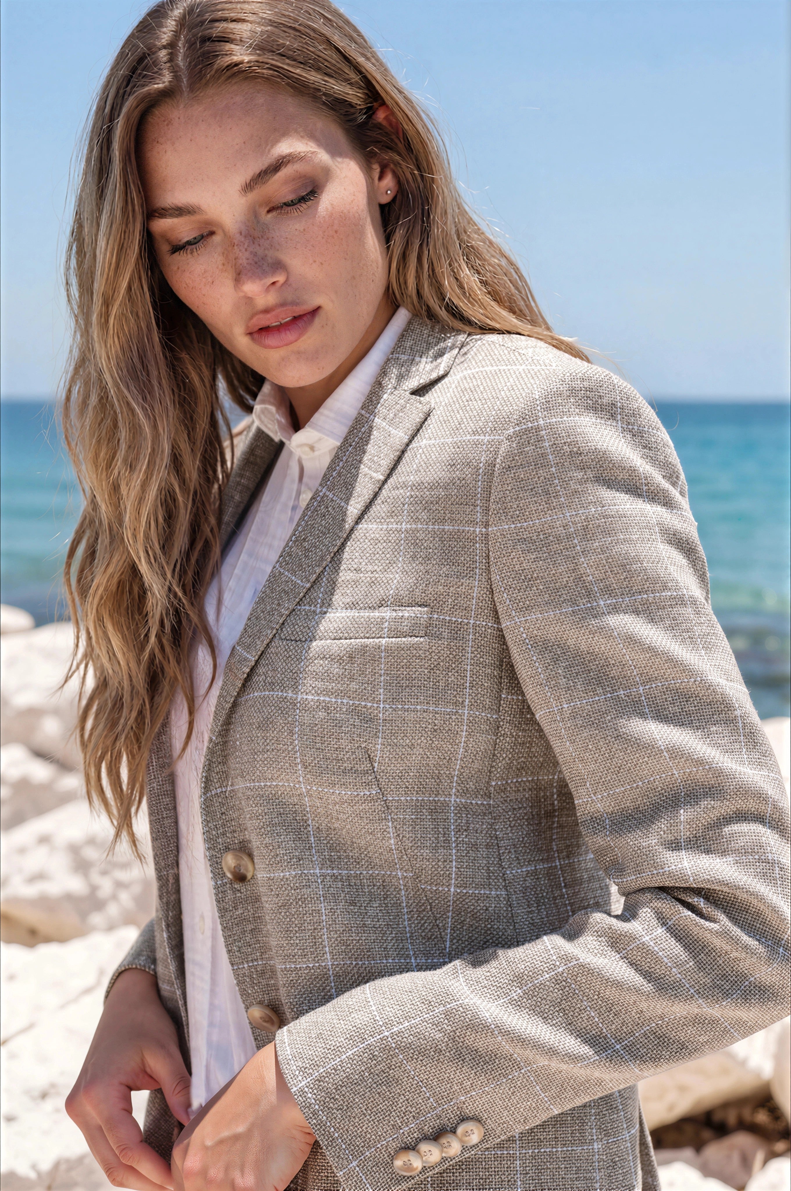 Veste Victoire en Laine & Lin - Carreaux Beige-VESTE BLAZER FEMME-Curling-Paris