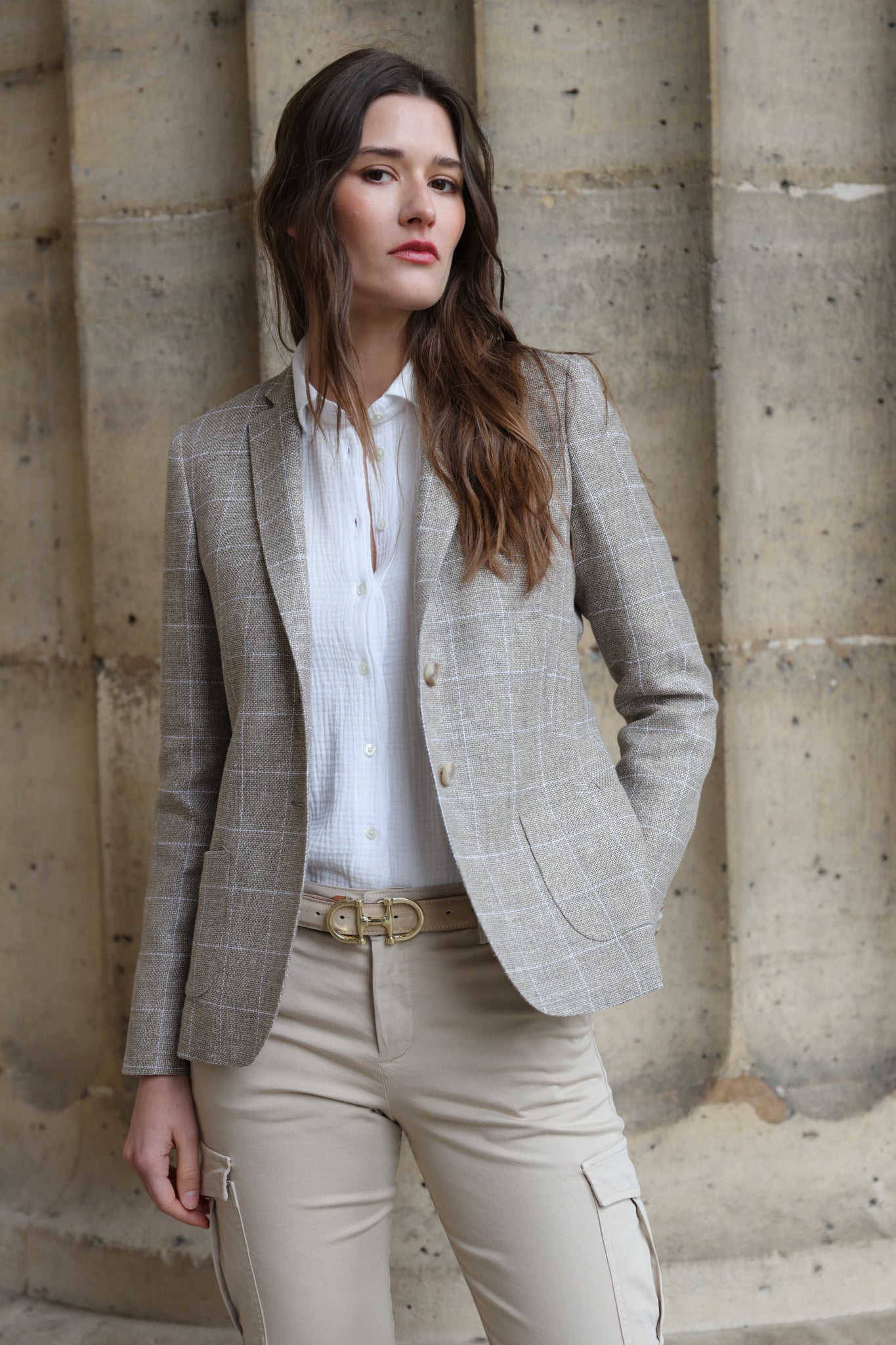 Veste Victoire en Laine & Lin - Carreaux Beige-VESTE BLAZER FEMME-Curling-Paris