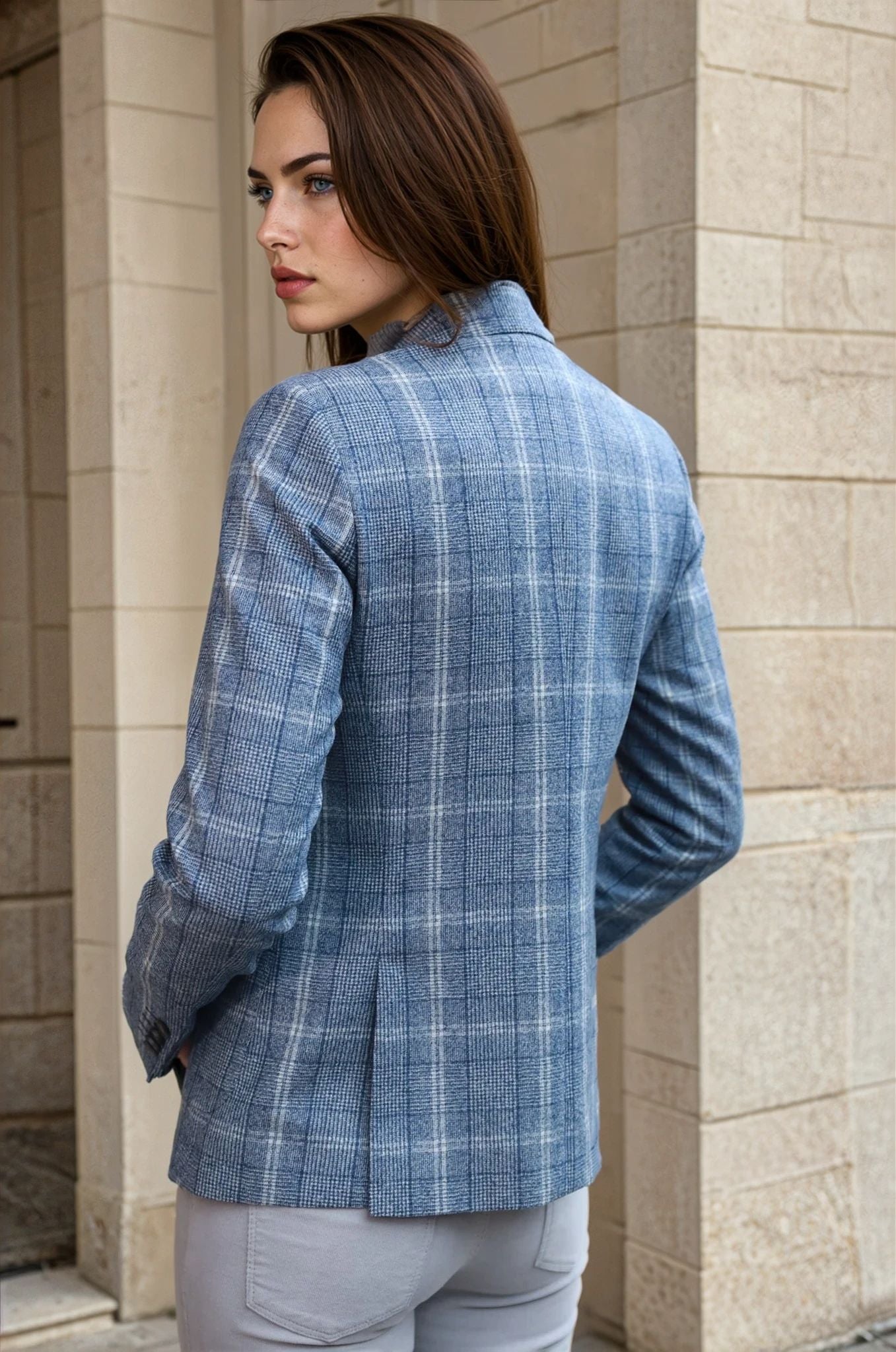 Veste Victoire en laine vierge - Carreau Bleu-VESTE BLAZER FEMME-Curling-Paris