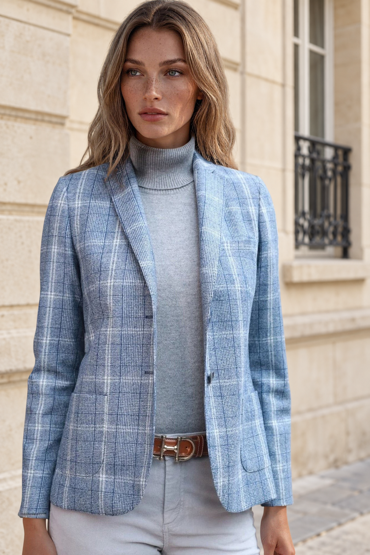 Veste Victoire en laine vierge - Carreau Bleu-VESTE BLAZER FEMME-Curling-Paris