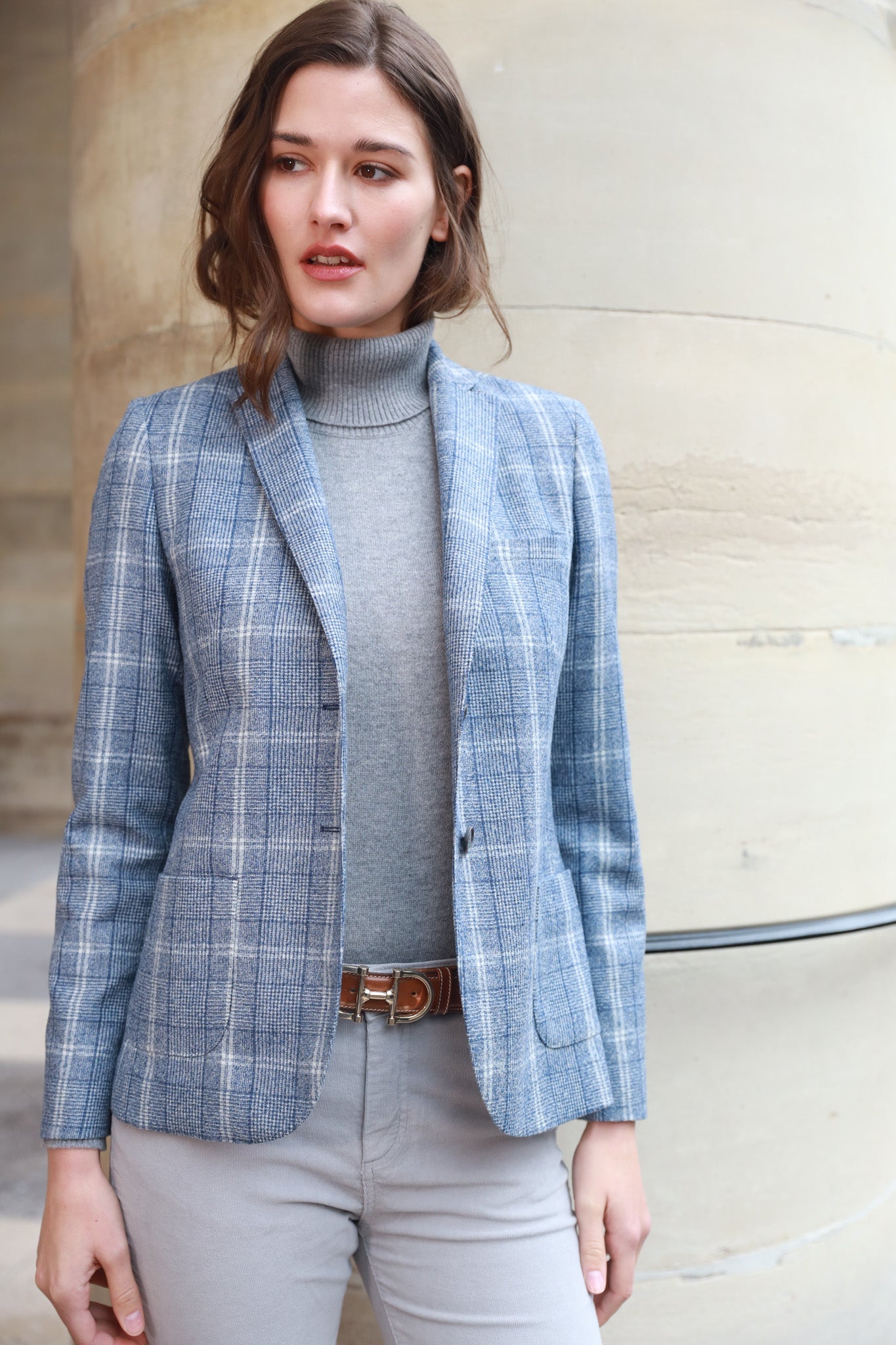 Veste Victoire en laine vierge - Carreau Bleu-VESTE BLAZER FEMME-Curling-Paris