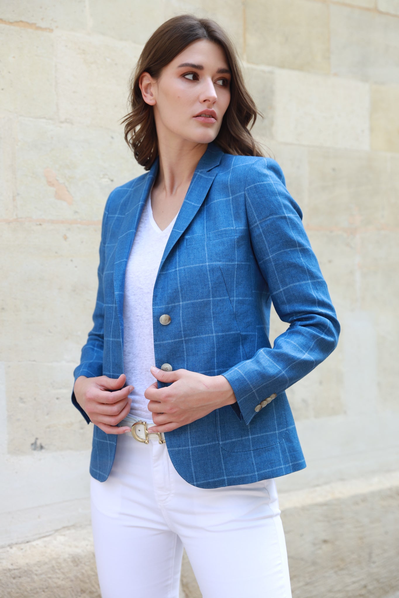 Veste Victoire en lin - Carreau Bleu-VESTE BLAZER FEMME-Curling-Paris