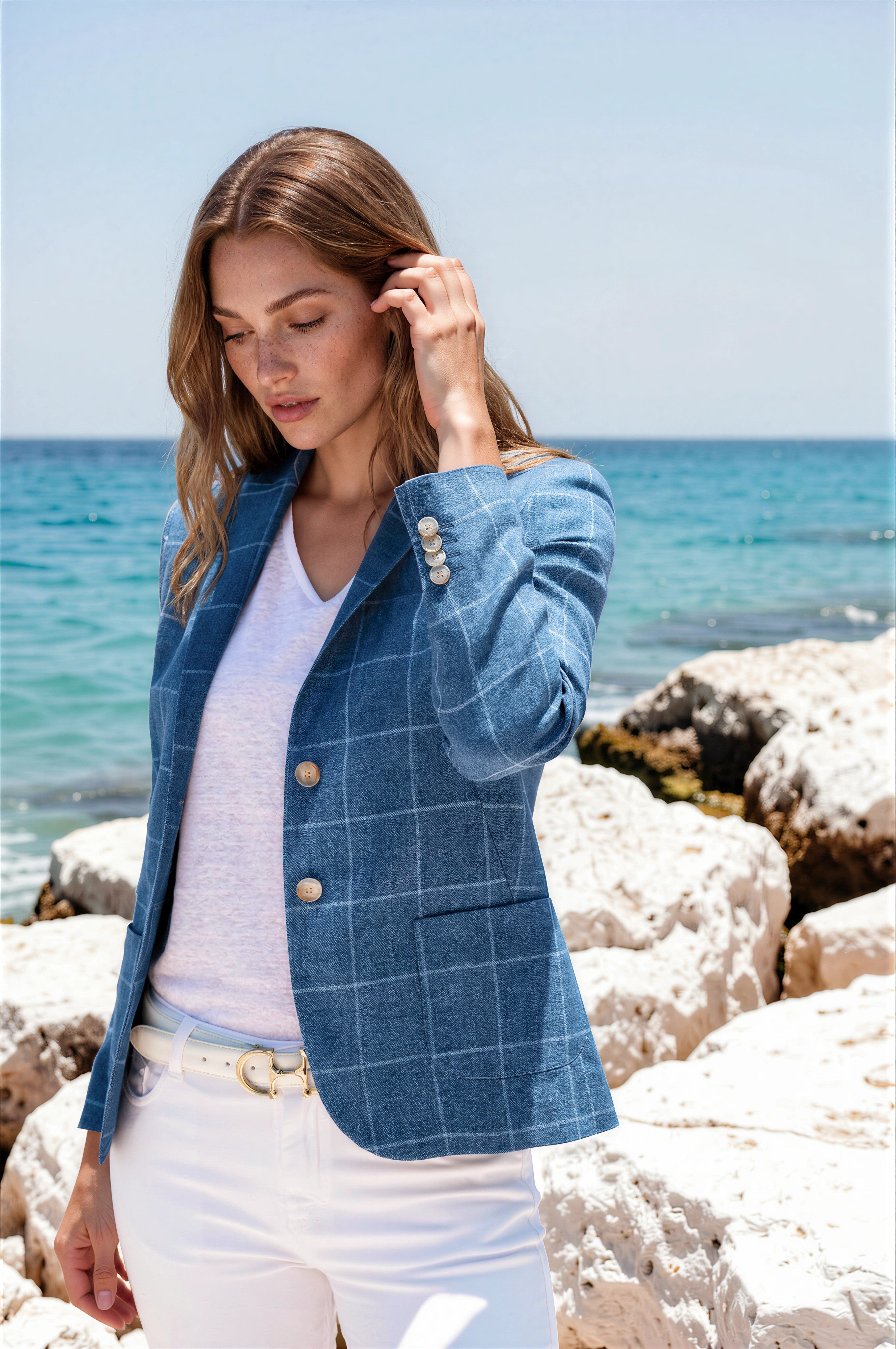 Veste Victoire en lin - Carreau Bleu