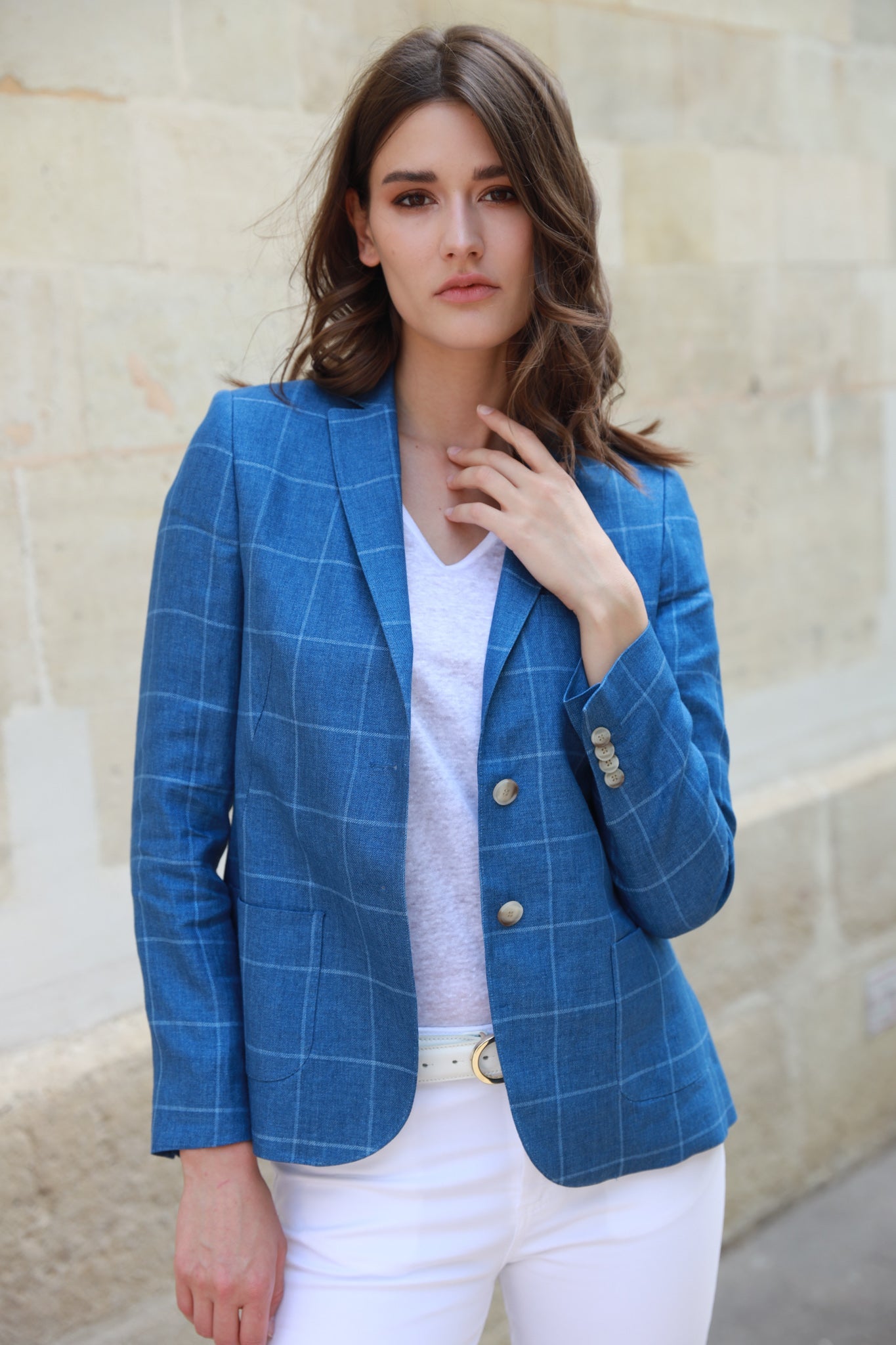 Veste Victoire en lin - Carreau Bleu-VESTE BLAZER FEMME-Curling-Paris