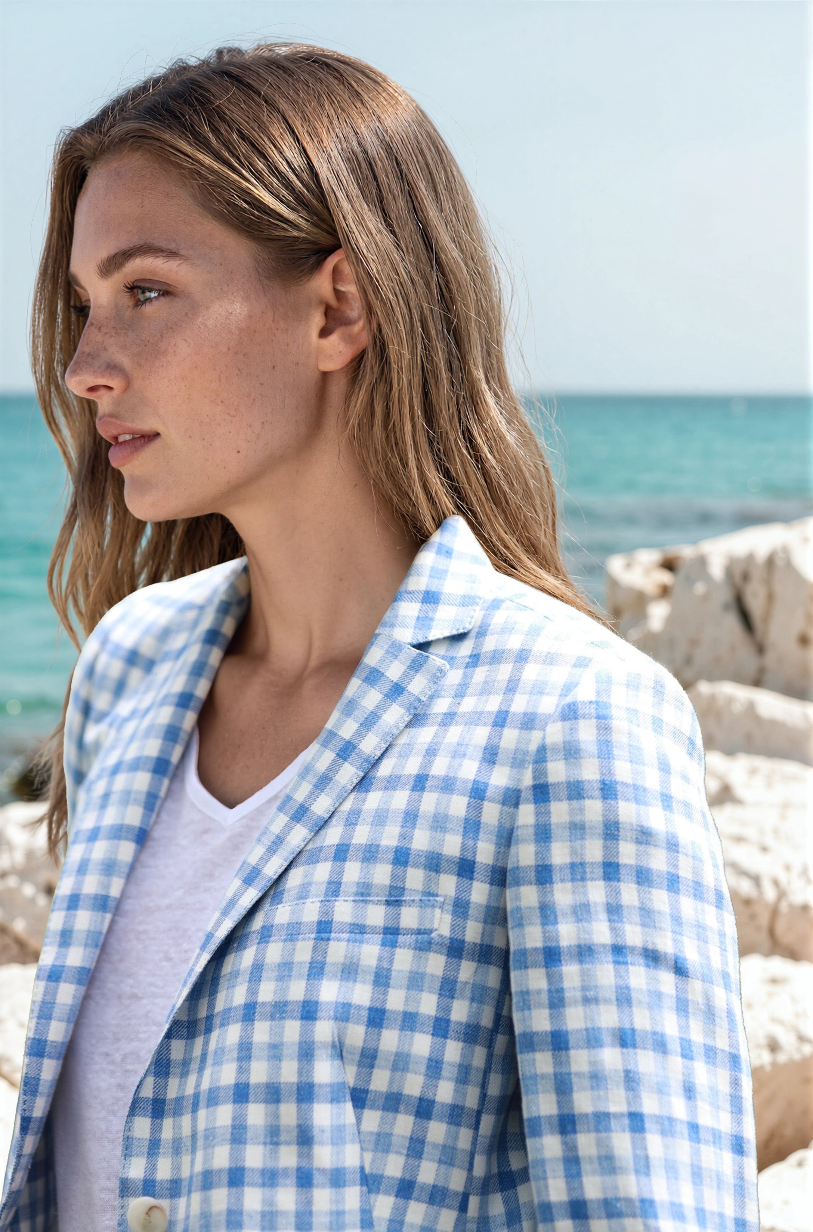Veste Victoire en lin à carreaux - ciel & blanc