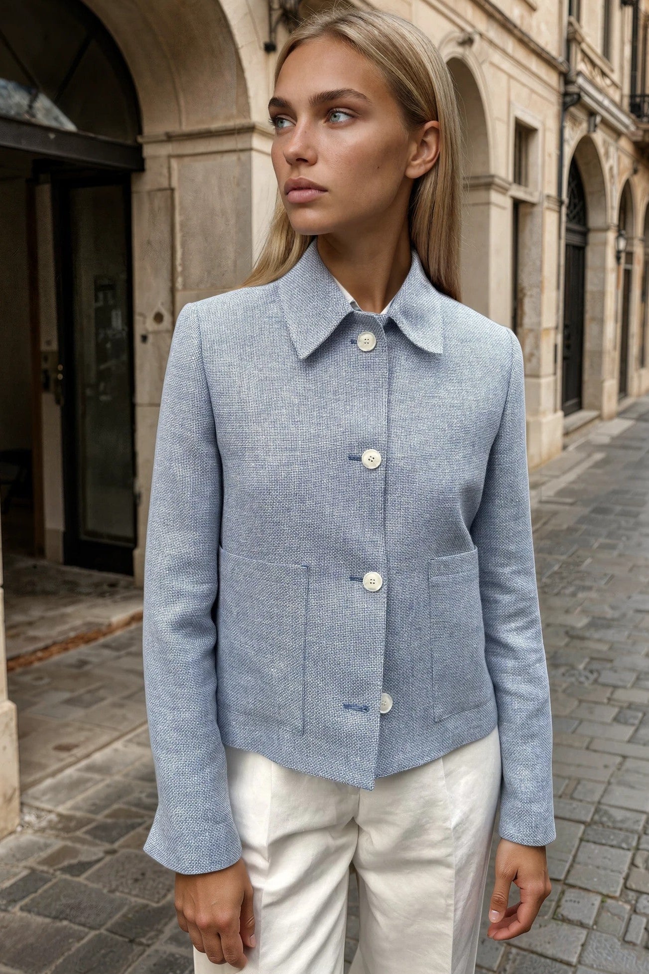 Veste Ysee en laine & lin - natté ciel-VESTE BLAZER FEMME-Curling-Paris