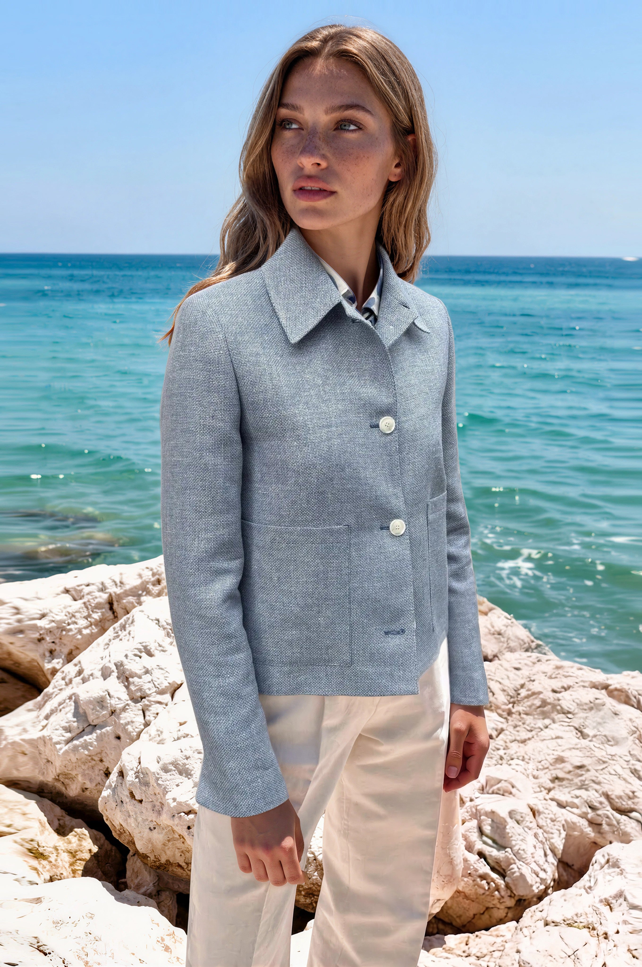 Veste Ysee en laine & lin - natté ciel-VESTE BLAZER FEMME-Curling-Paris