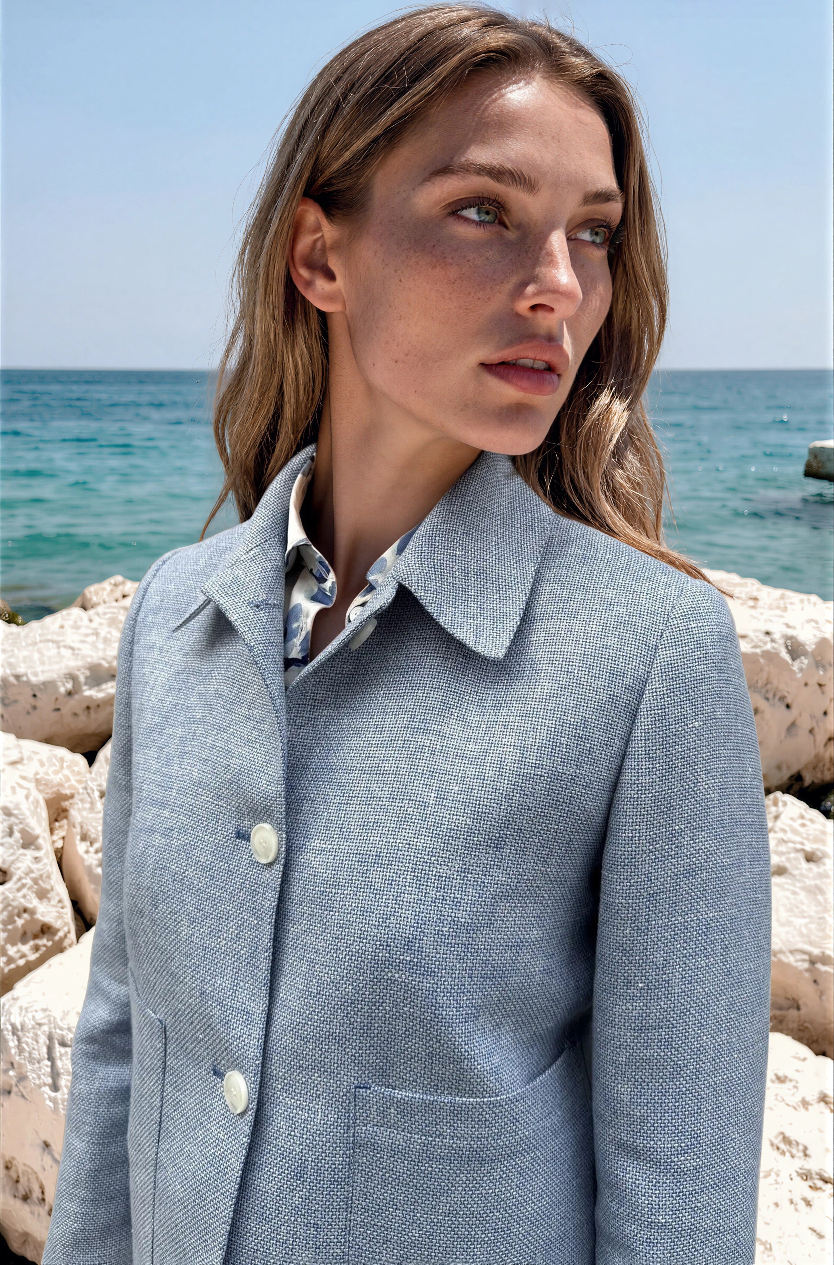 Veste Ysee en laine & lin - natté ciel-VESTE BLAZER FEMME-Curling-Paris