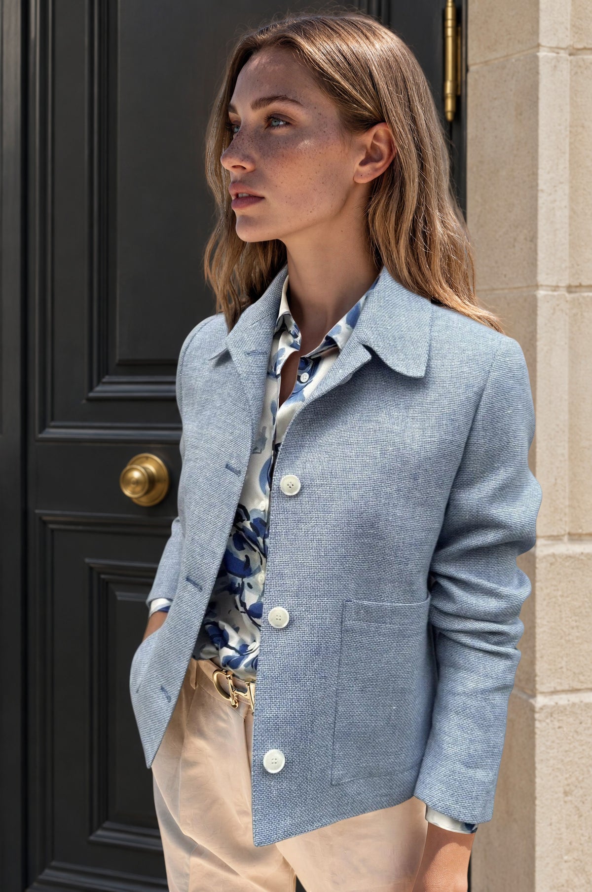 Veste Ysee en laine & lin - natté ciel-VESTE BLAZER FEMME-Curling-Paris