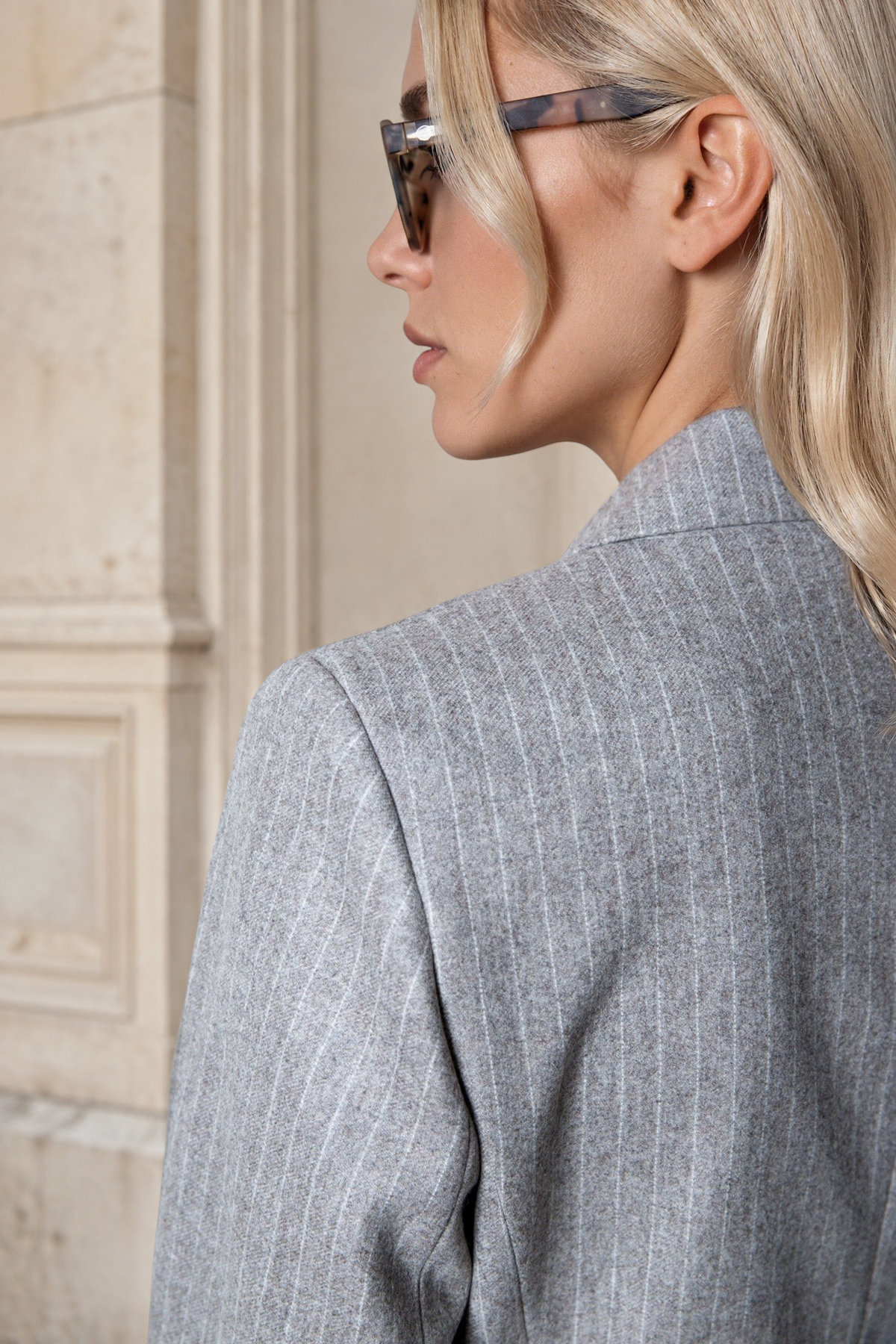 Veste de tailleur Lili en laine - Beige à rayures craie-VESTE BLAZER FEMME-Curling-Paris