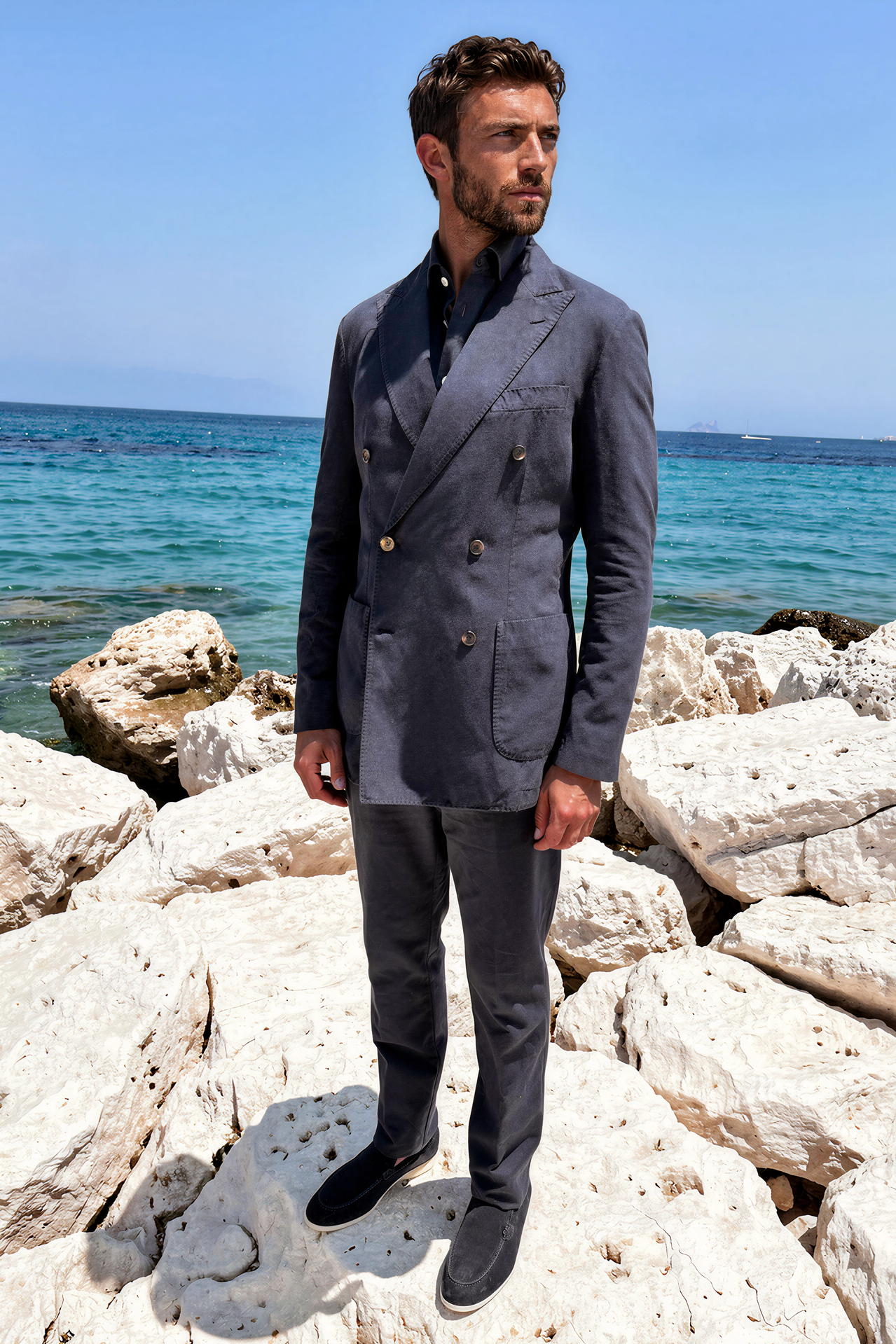 Veste longue croisée Emilio en coton lin - Marine-VESTE BLAZER HOMME-Curling-Paris