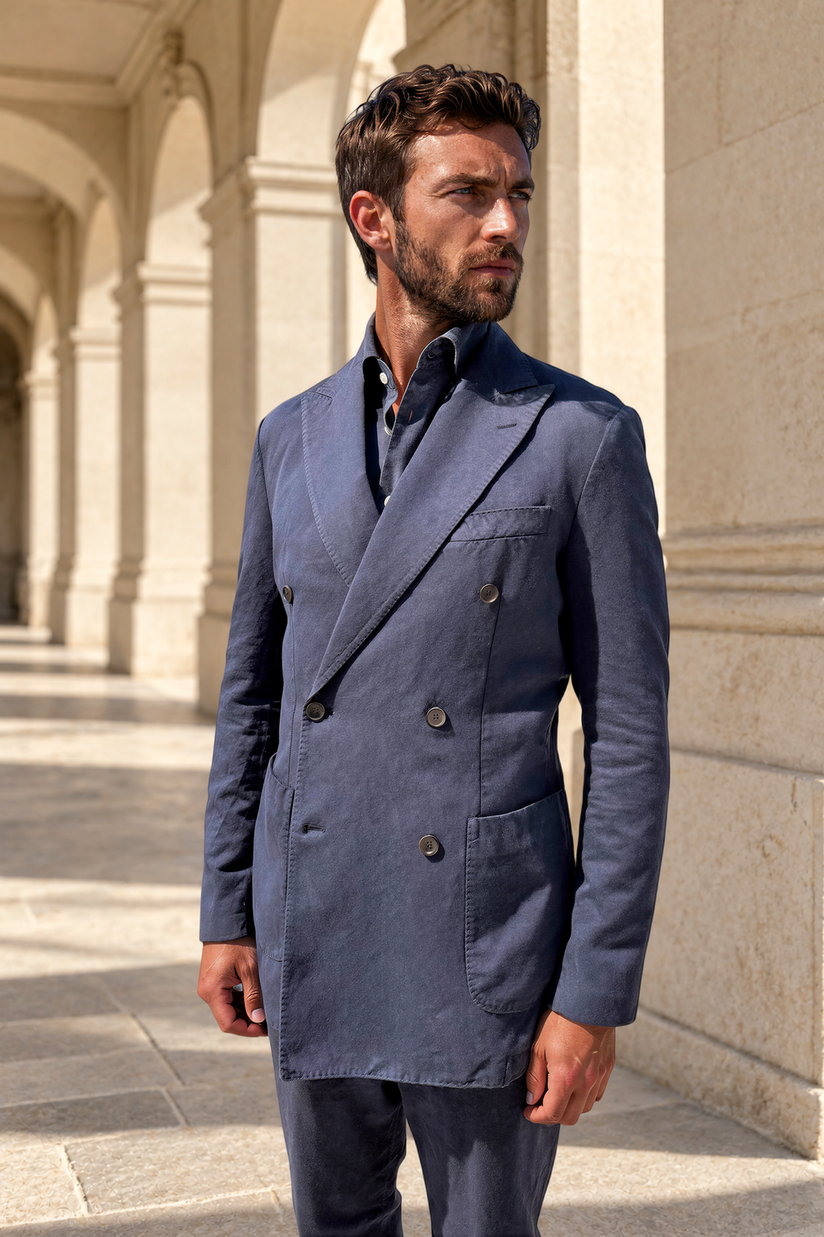 Veste longue croisée Emilio en coton lin - Marine-VESTE BLAZER HOMME-Curling-Paris