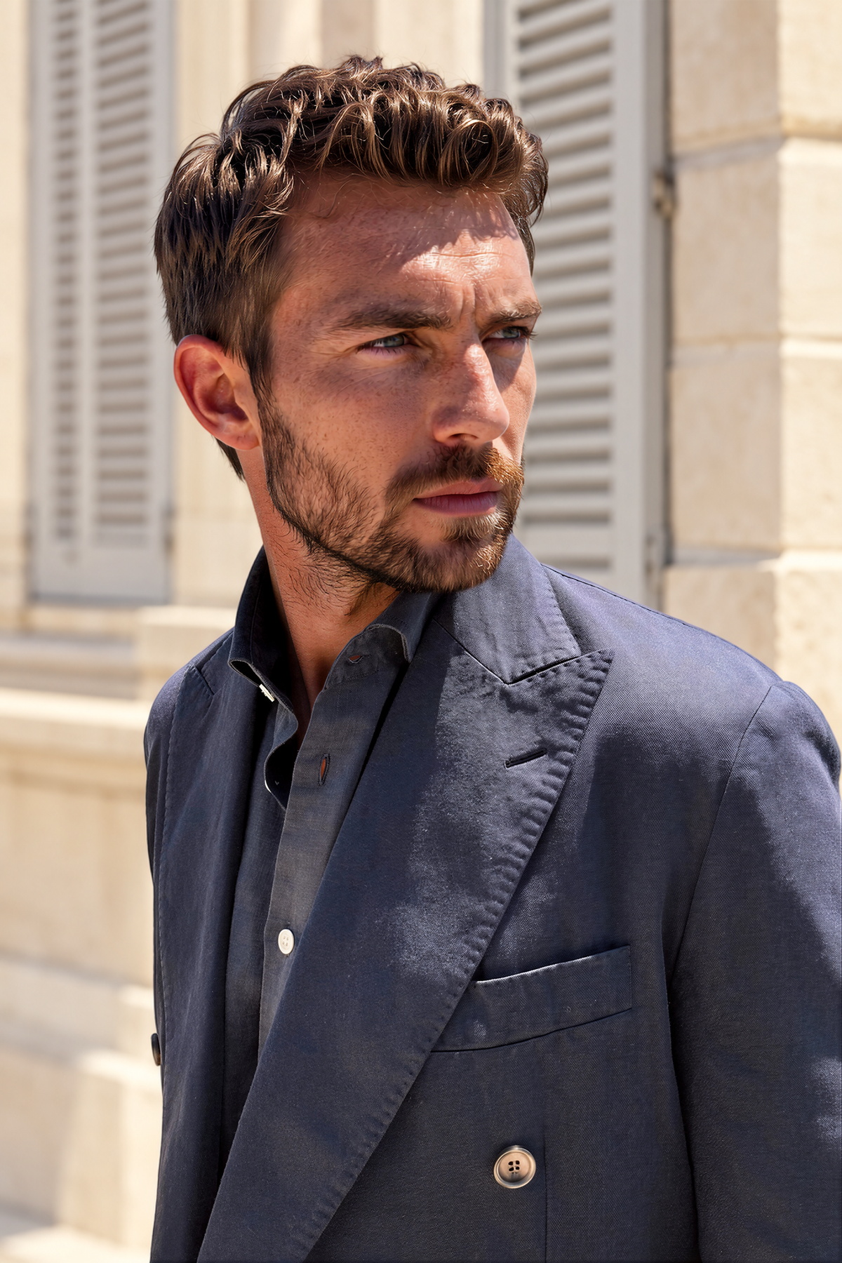 Veste longue croisée Emilio en coton lin - Marine-VESTE BLAZER HOMME-Curling-Paris