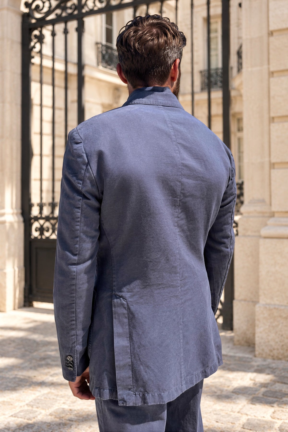 Veste longue croisée Emilio en coton lin - Marine-VESTE BLAZER HOMME-Curling-Paris