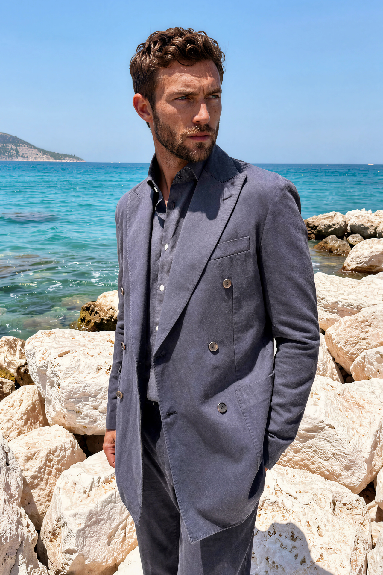 Veste longue croisée Emilio en coton lin - Marine-VESTE BLAZER HOMME-Curling-Paris