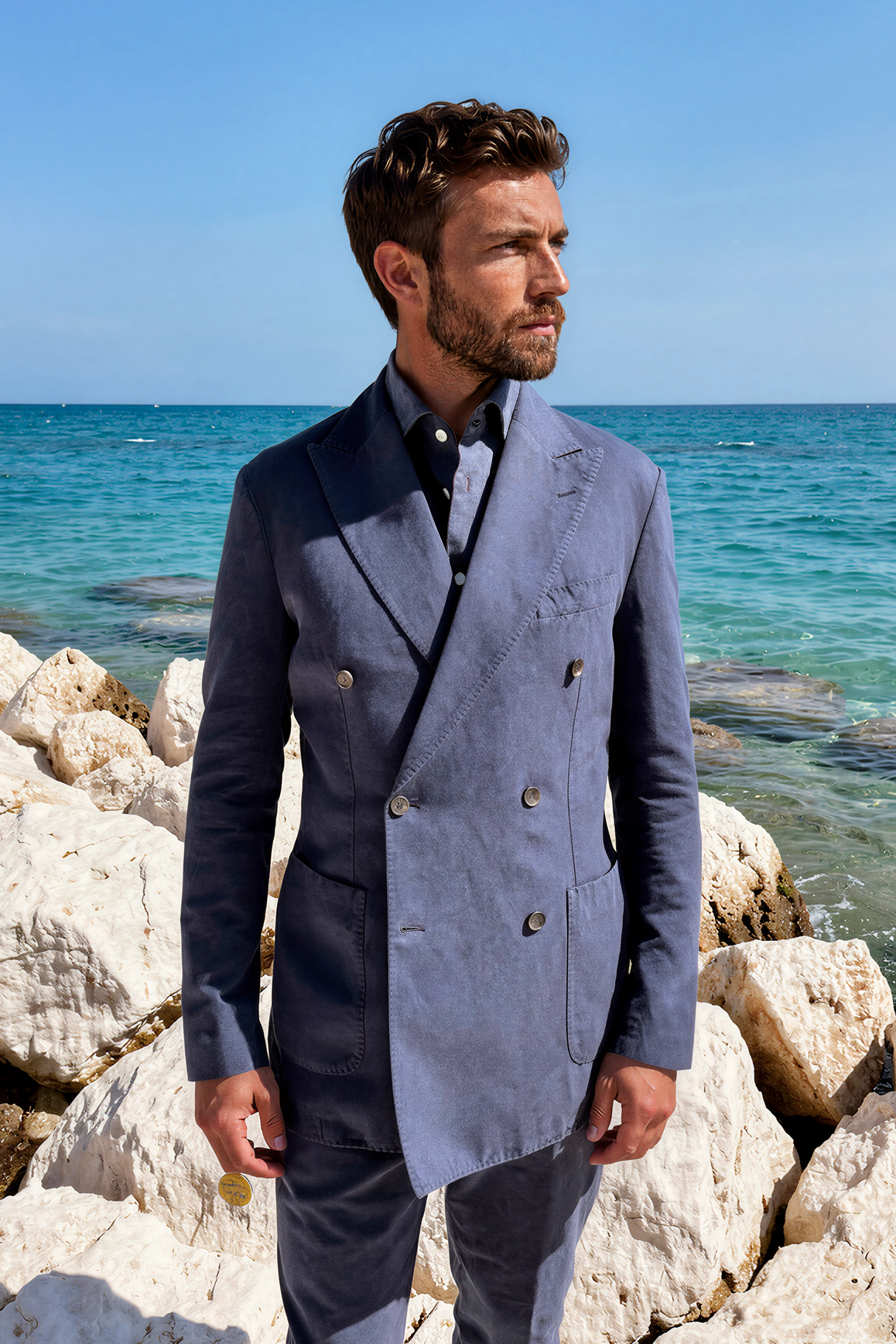 Veste longue croisée Emilio en coton lin - Marine-VESTE BLAZER HOMME-Curling-Paris