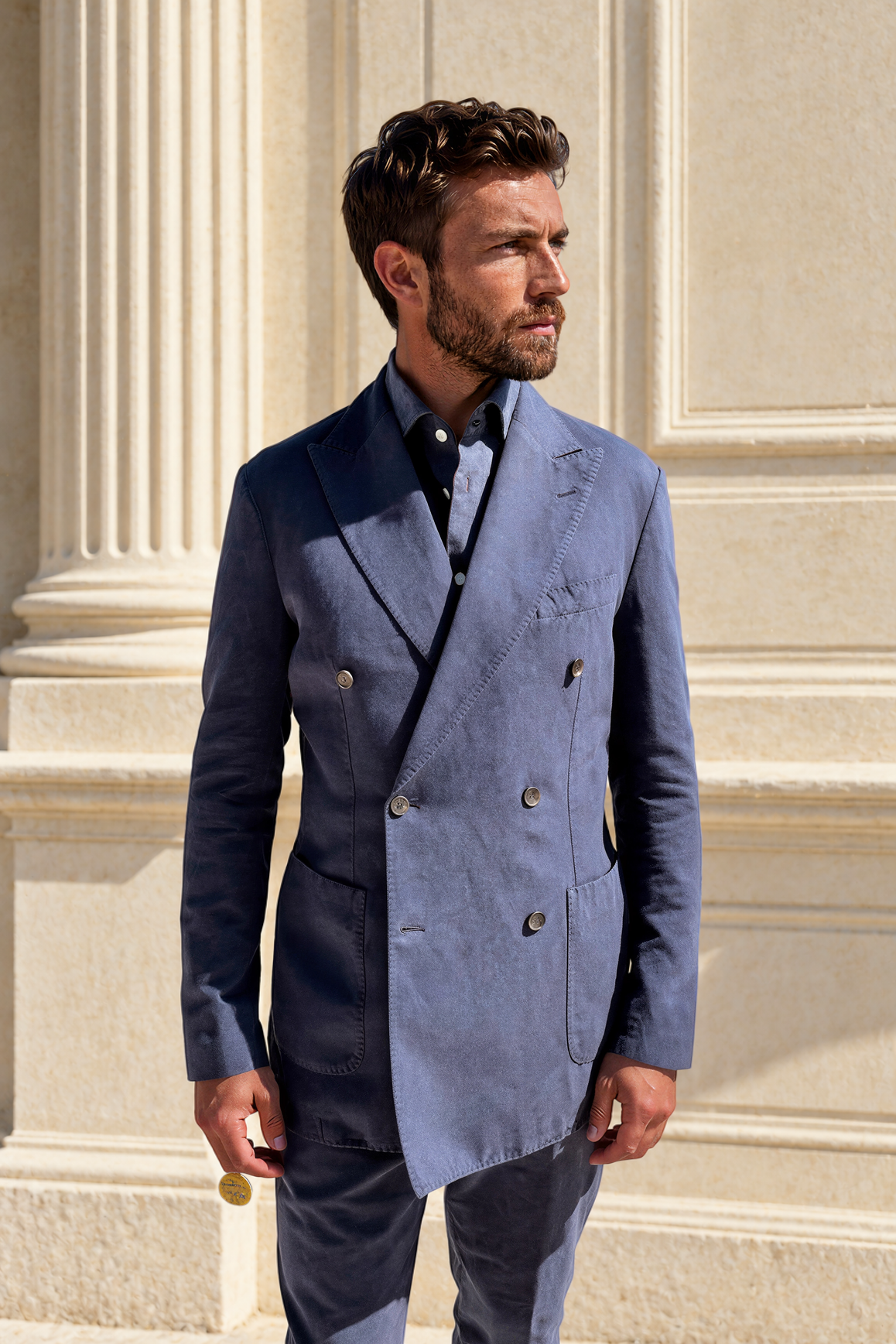 Veste longue croisée Emilio en coton lin - Marine-VESTE BLAZER HOMME-Curling-Paris