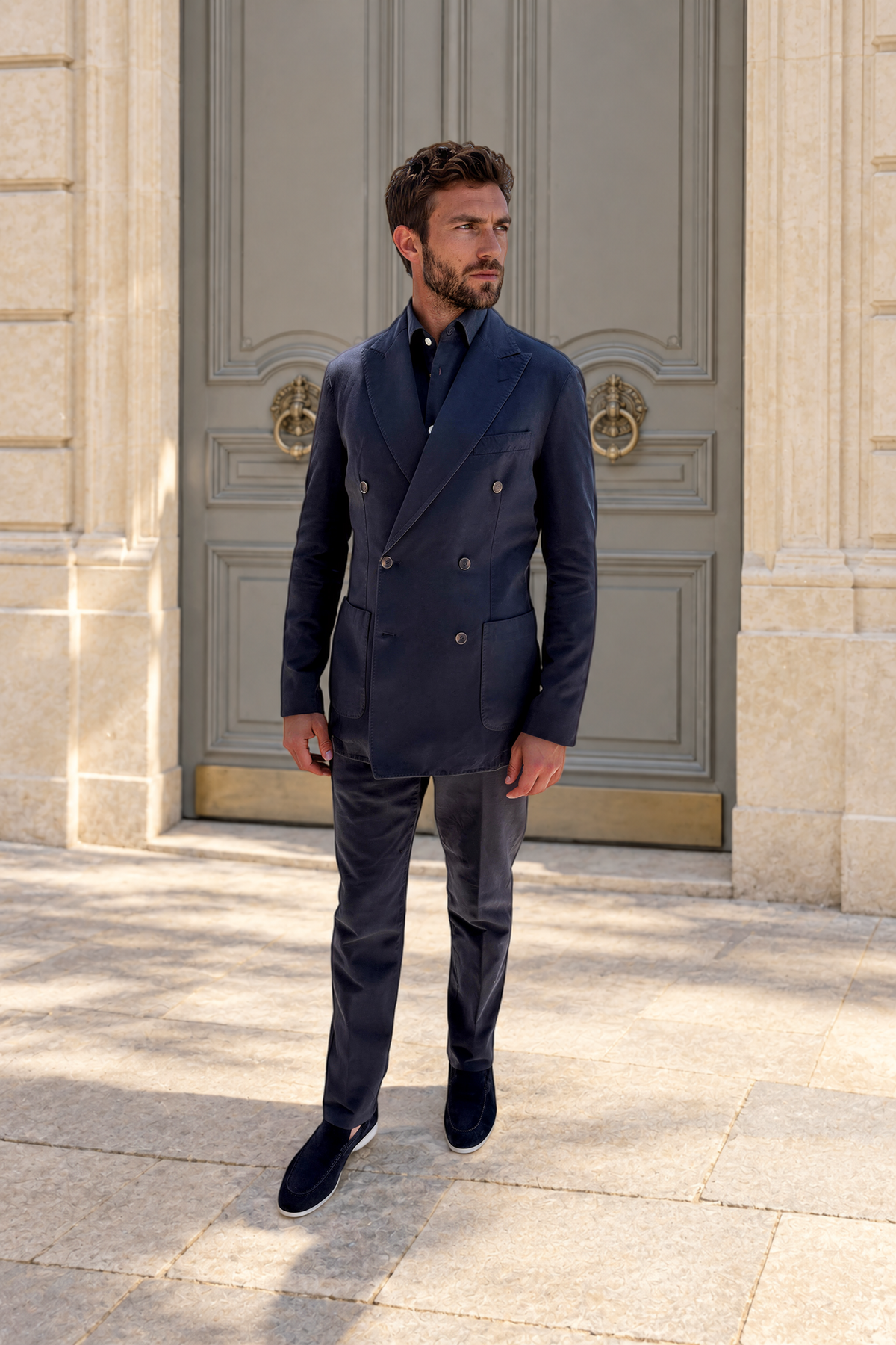 Veste longue croisée Emilio en coton lin - Marine-VESTE BLAZER HOMME-Curling-Paris