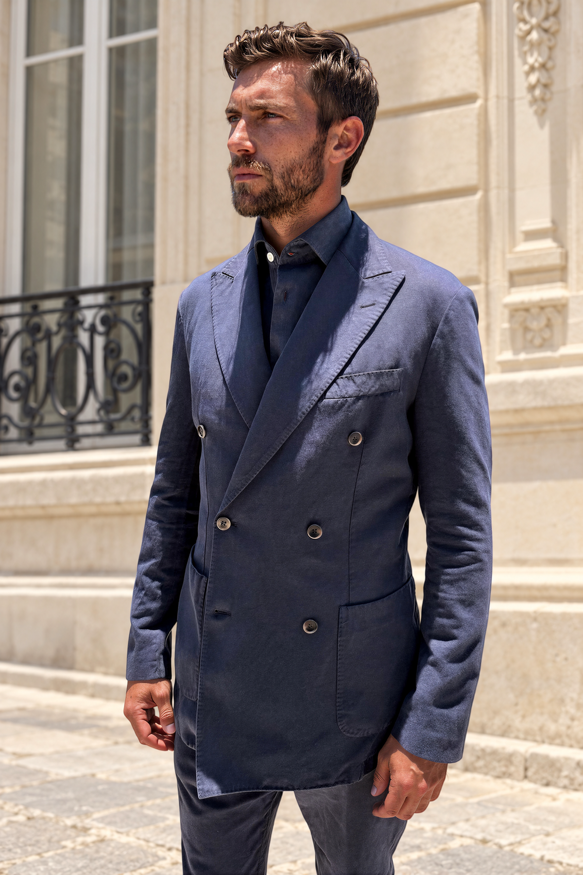 Veste longue croisée Emilio en coton lin - Marine-VESTE BLAZER HOMME-Curling-Paris