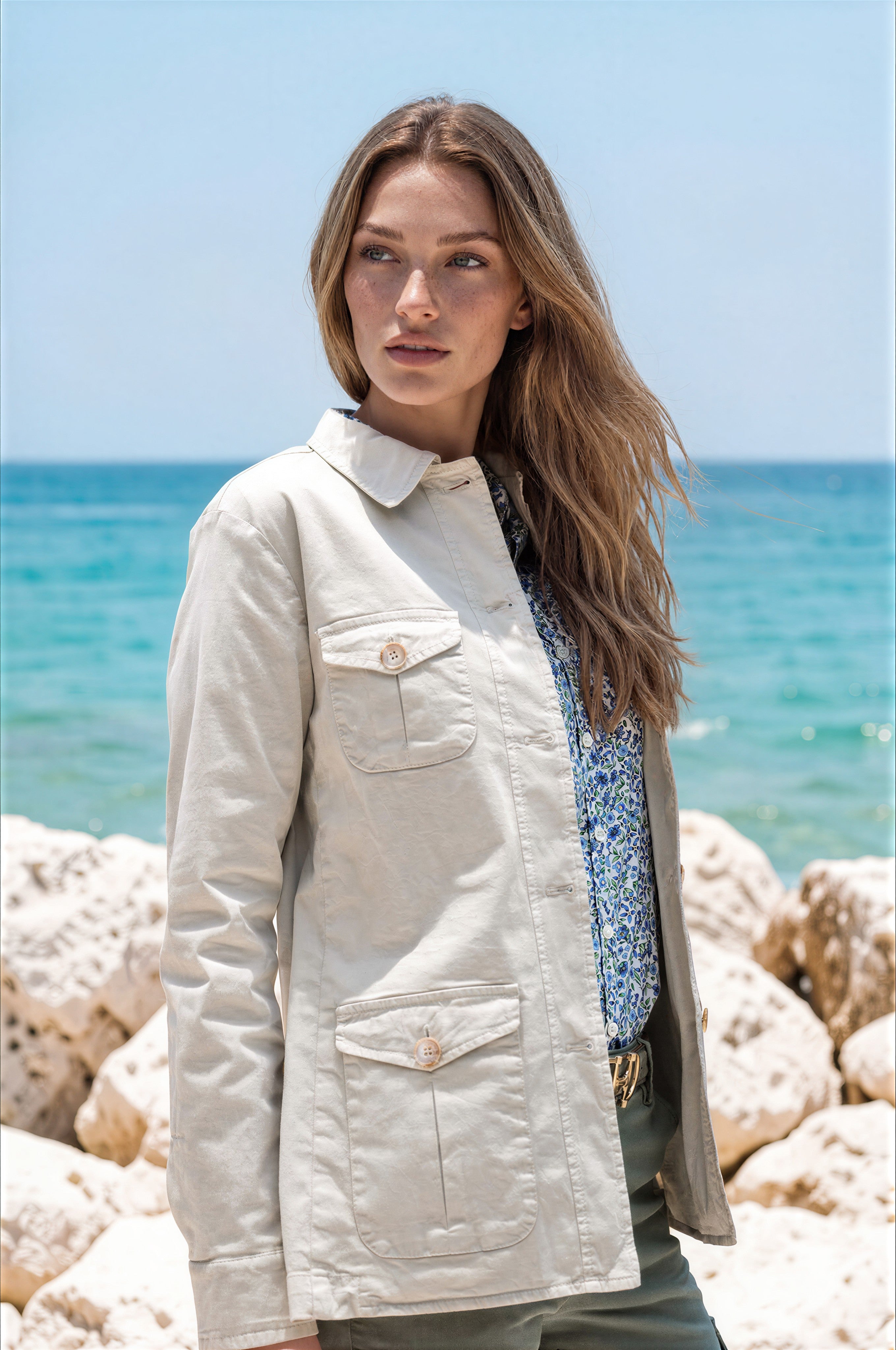 Veste saharienne Louise en coton stretch - Beige-VESTE BLAZER FEMME-Curling-Paris