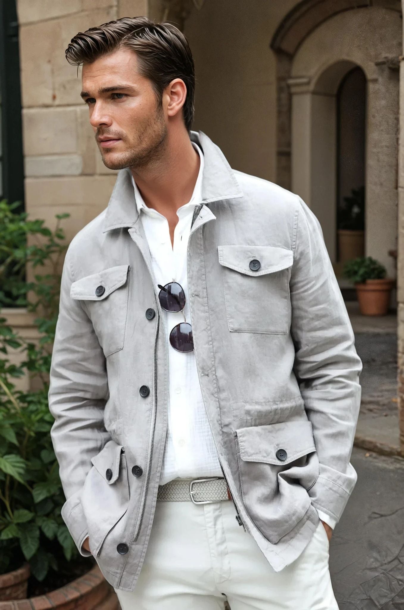 Veste saharienne en lin Aaron - Taupe-VESTE BLAZER HOMME-Curling-Paris