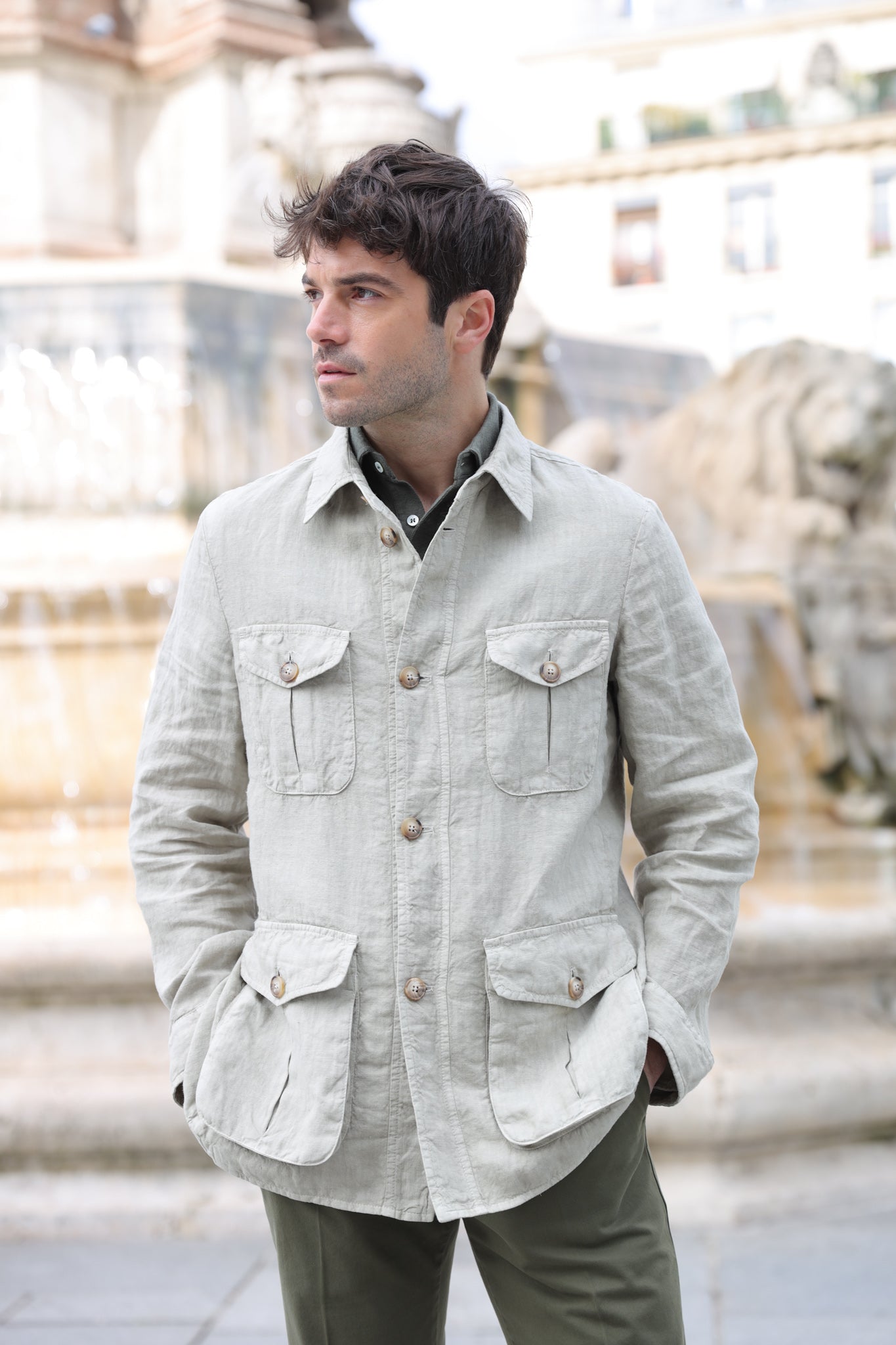 Veste saharienne en lin - Beige-VESTE BLAZER HOMME-Curling-Paris