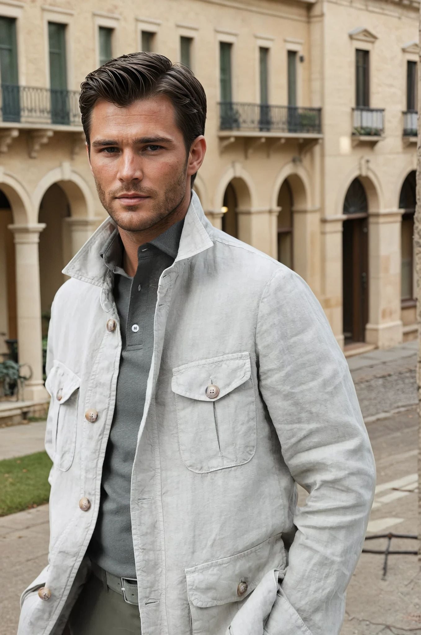 Veste saharienne en lin - Beige-VESTE BLAZER HOMME-Curling-Paris